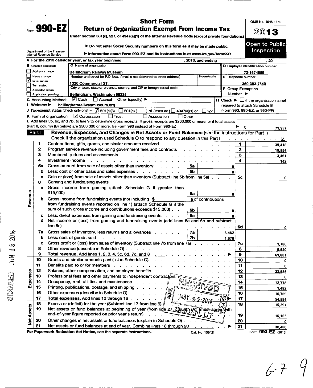 Image of first page of 2013 Form 990EZ for Bellingham Railway Museum