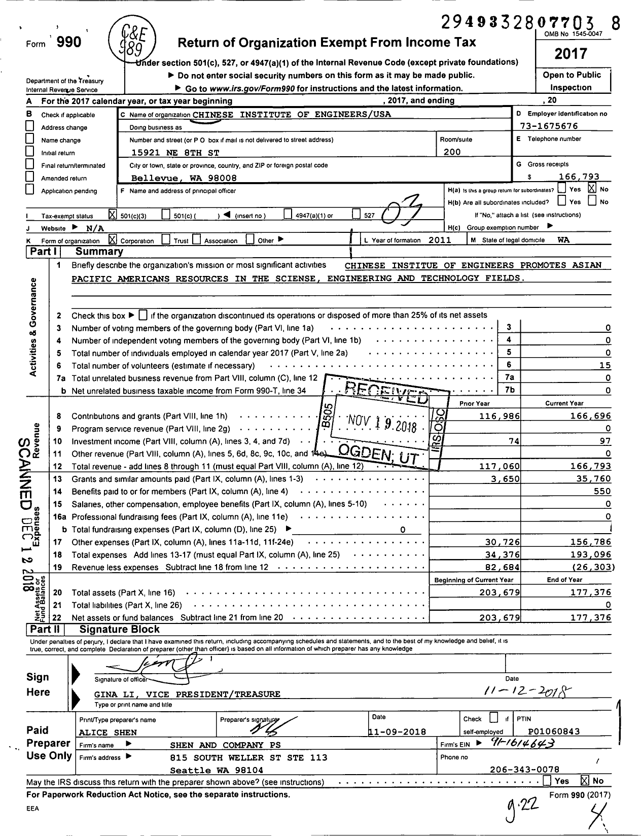 Image of first page of 2017 Form 990 for Chinese Institute of Engineersusa