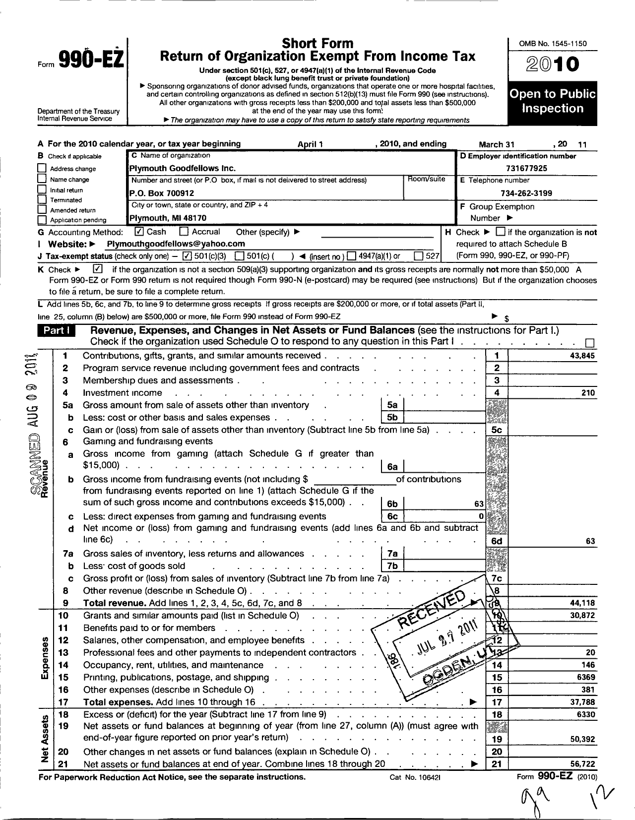 Image of first page of 2010 Form 990EZ for Plymouth Goodfellows Association