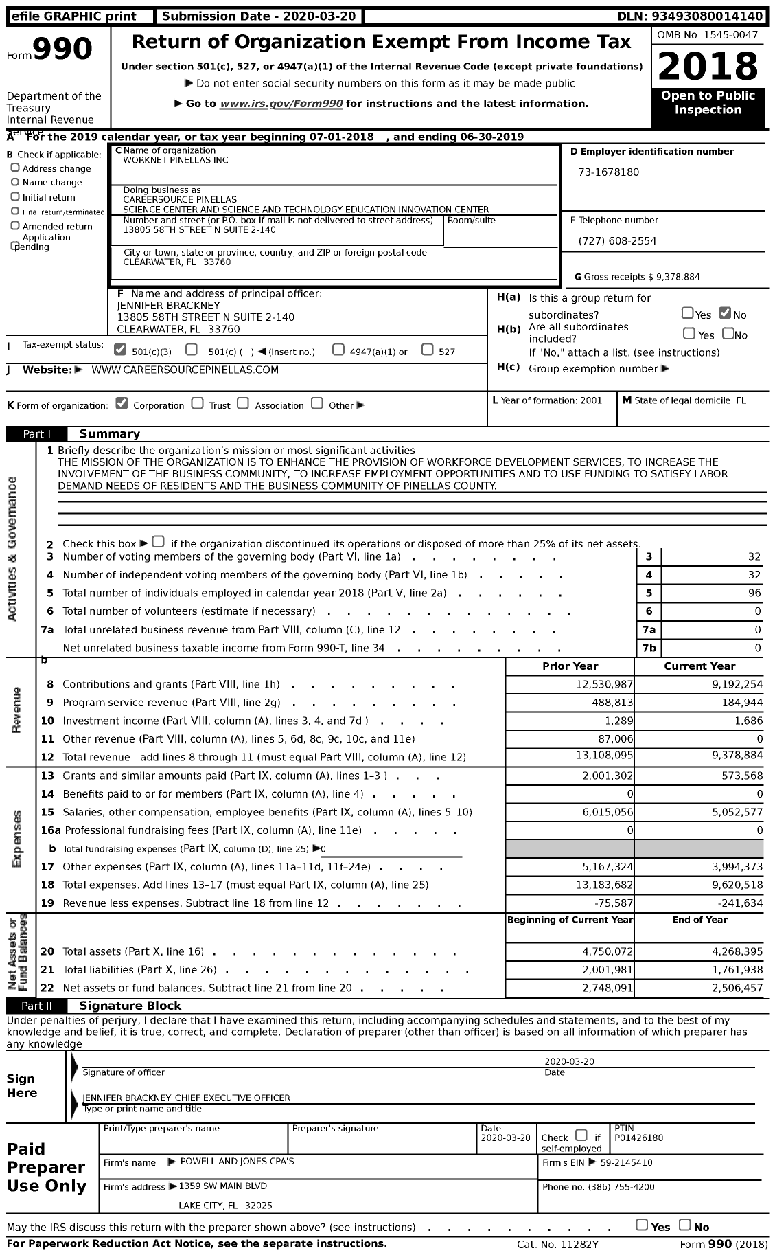 Image of first page of 2018 Form 990 for CareerSource Pinellas