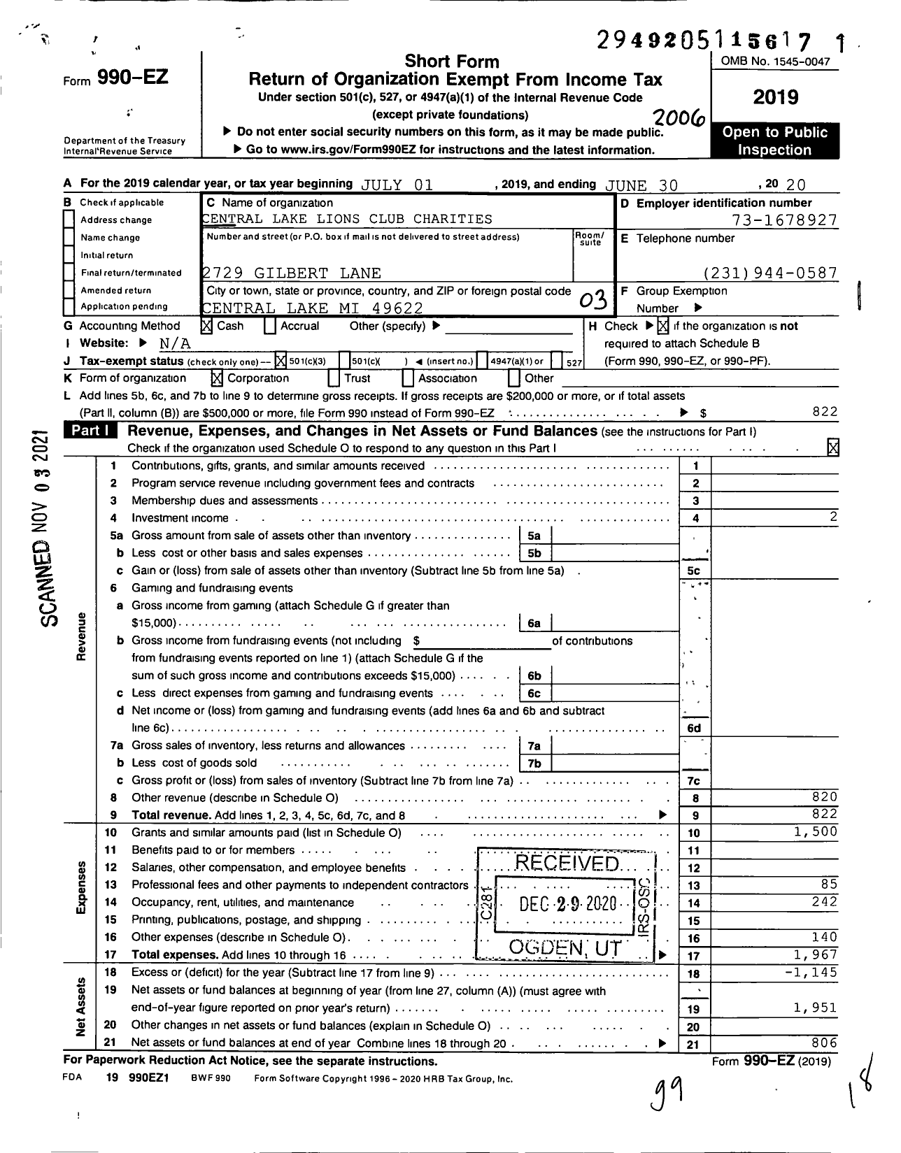 Image of first page of 2019 Form 990EZ for Central Lake Lions Club Charities