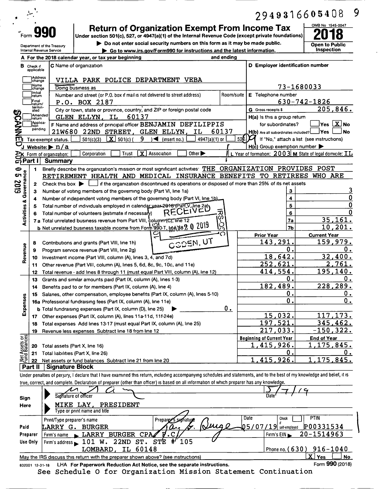 Image of first page of 2018 Form 990O for Villa Park Police Department Pension Fund Veba Trust