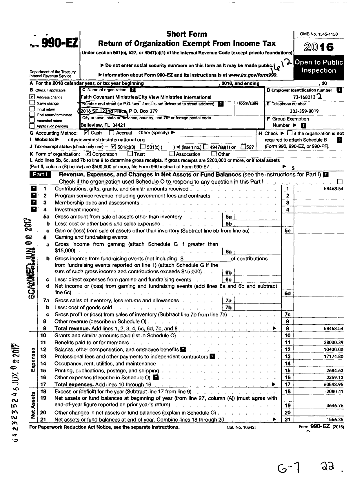 Image of first page of 2016 Form 990EZ for Faith Covenant Ministries City View Ministries International