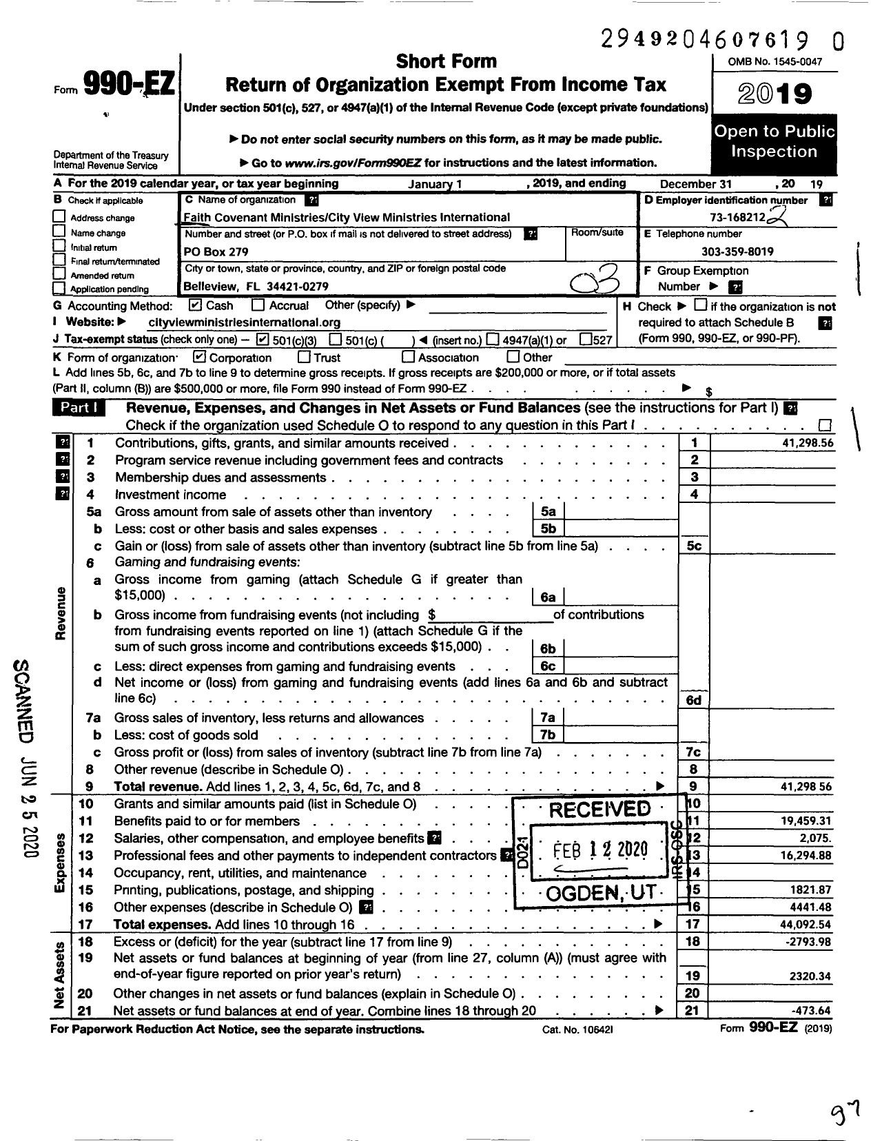 Image of first page of 2019 Form 990EZ for Faith Covenant Ministries City View Ministries International