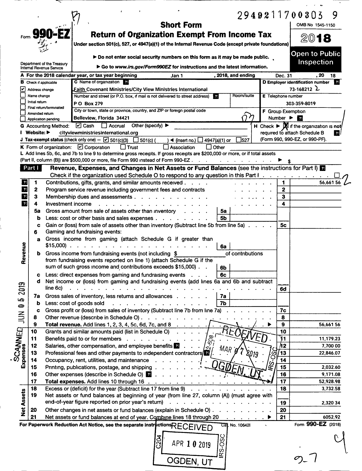 Image of first page of 2018 Form 990EZ for Faith Covenant Ministries City View Ministries International