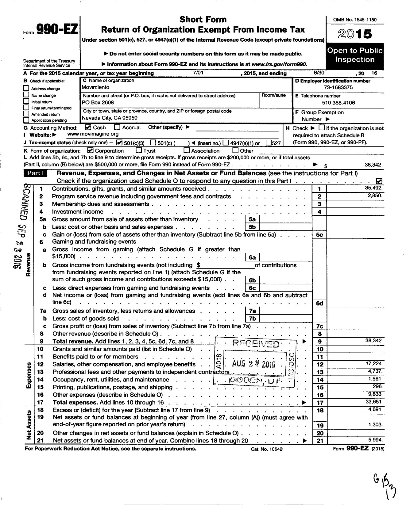 Image of first page of 2015 Form 990EZ for Lichen Health