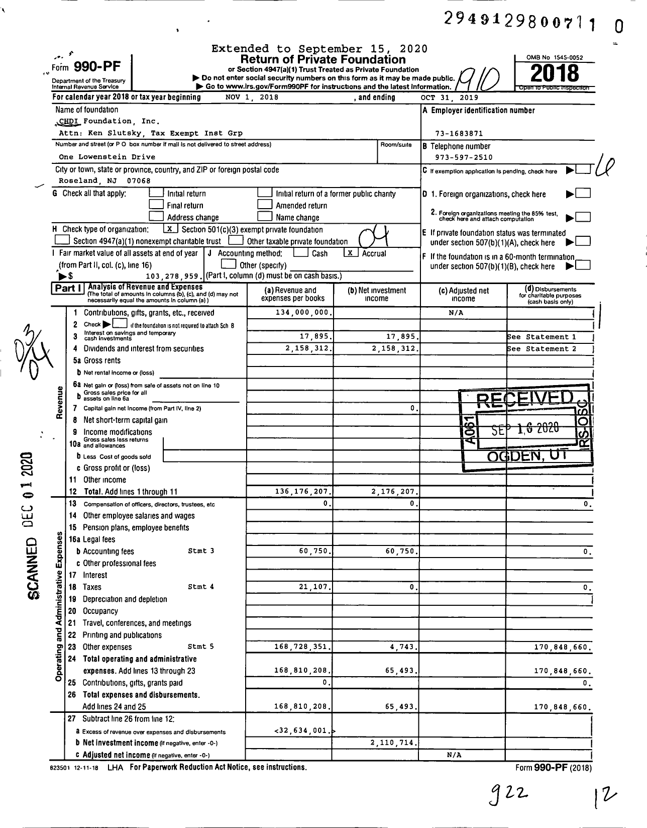 Image of first page of 2018 Form 990PF for Chdi Foundation