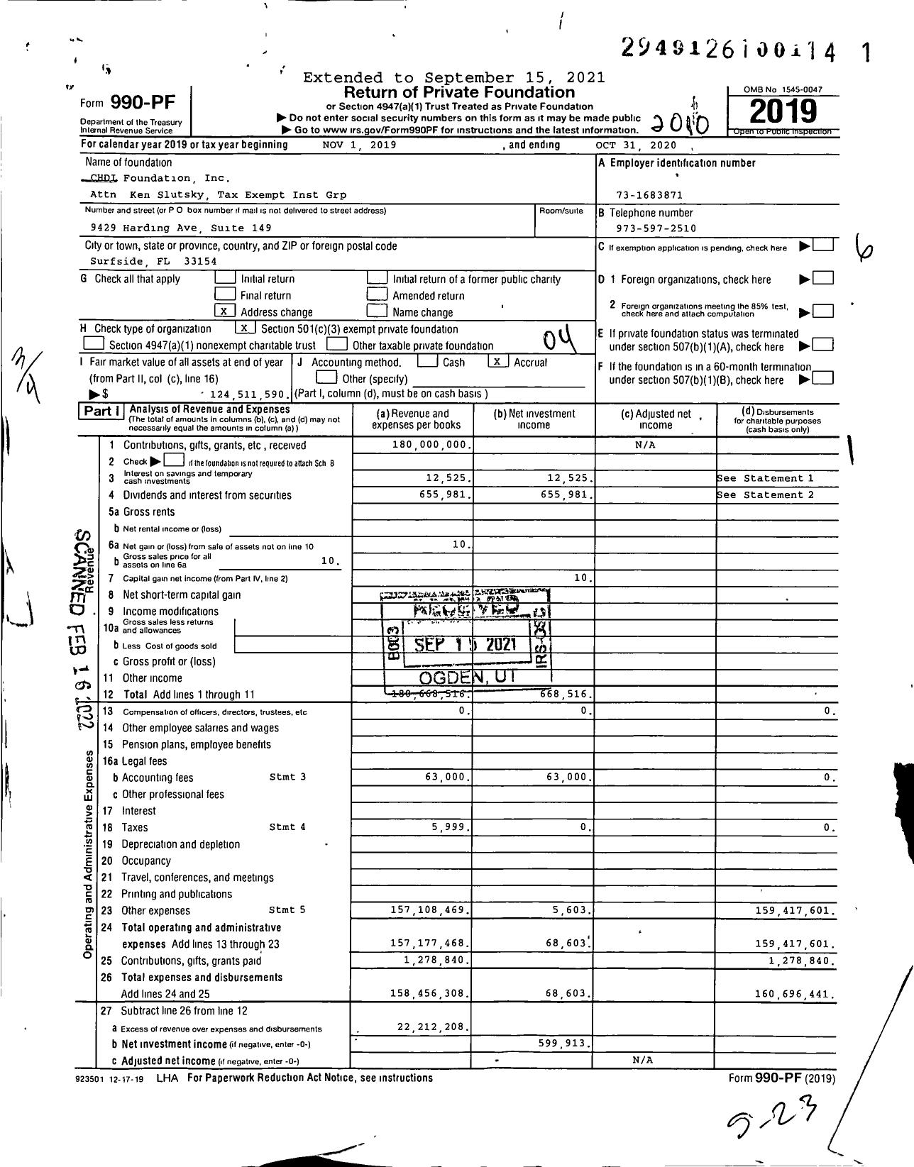 Image of first page of 2019 Form 990PF for Chdi Foundation