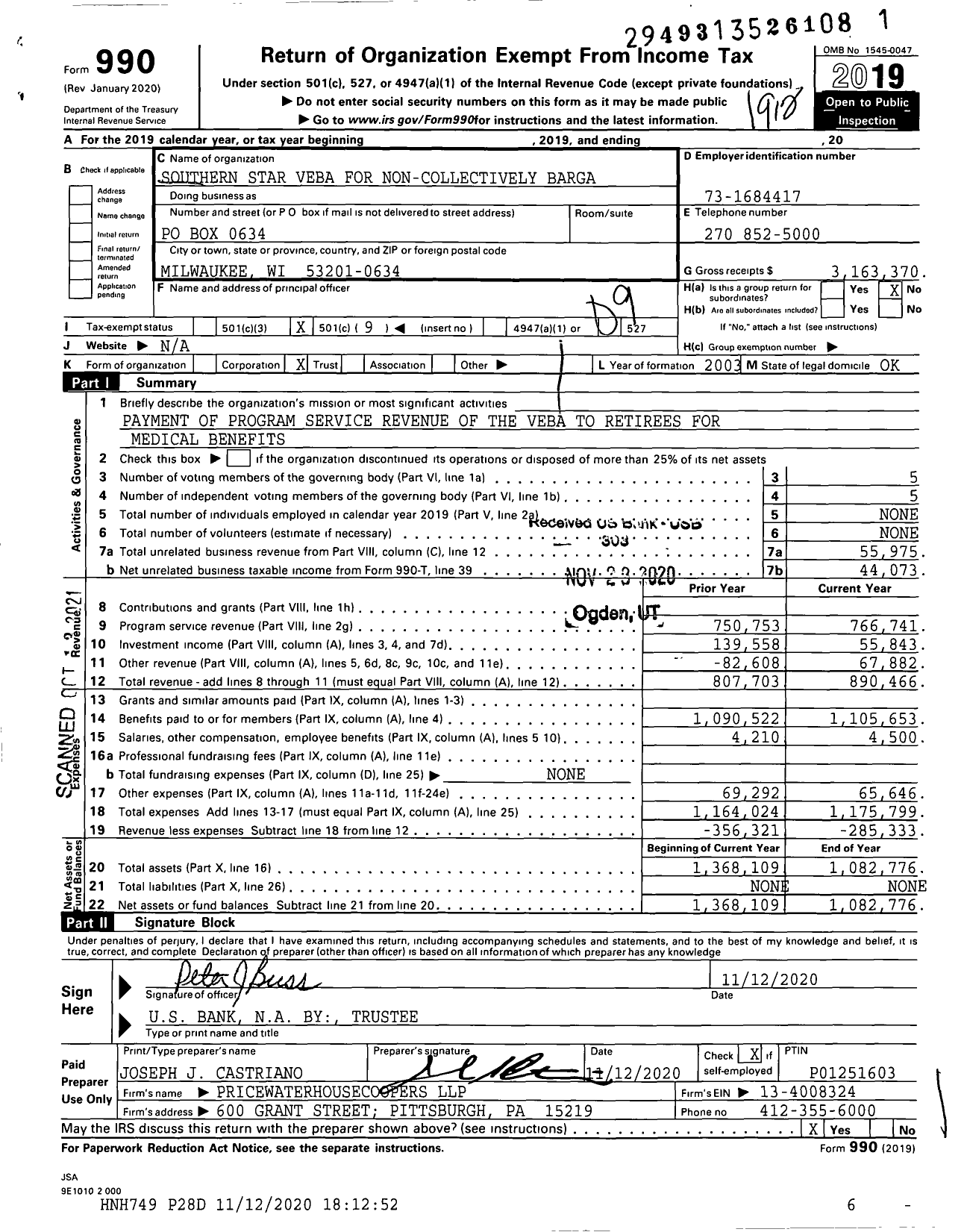 Image of first page of 2019 Form 990O for Southern Star Veba for Non-Collectively Barga