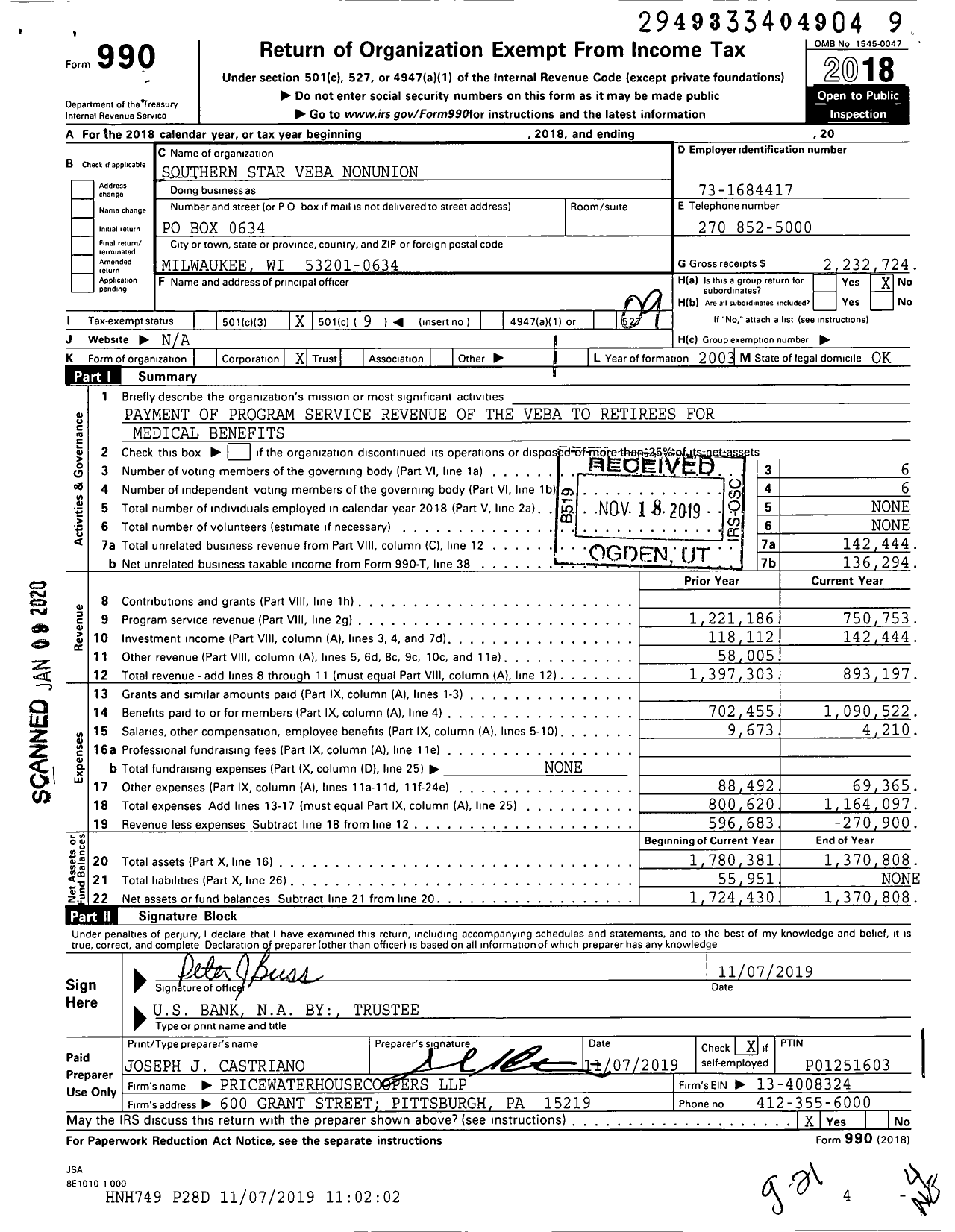 Image of first page of 2018 Form 990O for Southern Star Veba for Non-Collectively Barga