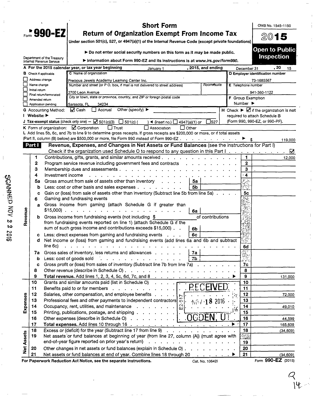 Image of first page of 2015 Form 990EZ for Precious Jewels Academy Learning Centers