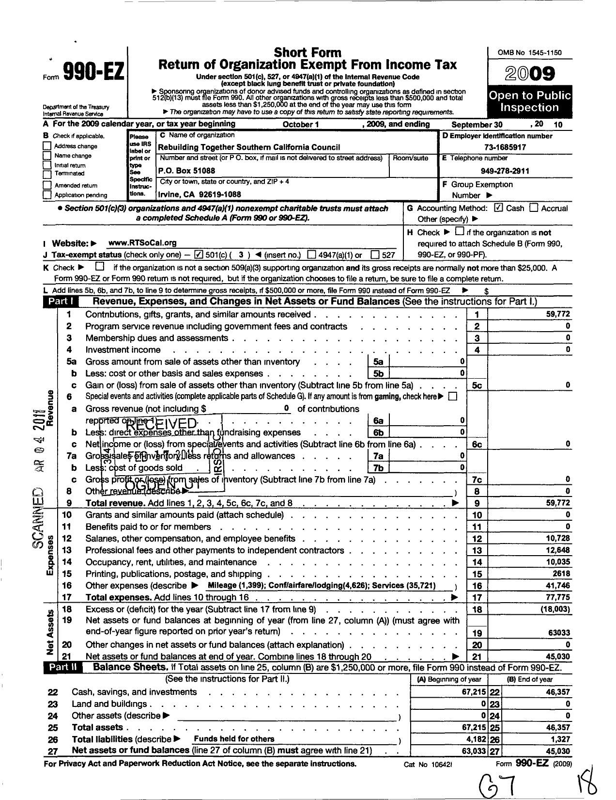 Image of first page of 2009 Form 990EZ for Rebuilding Together Southern California Council