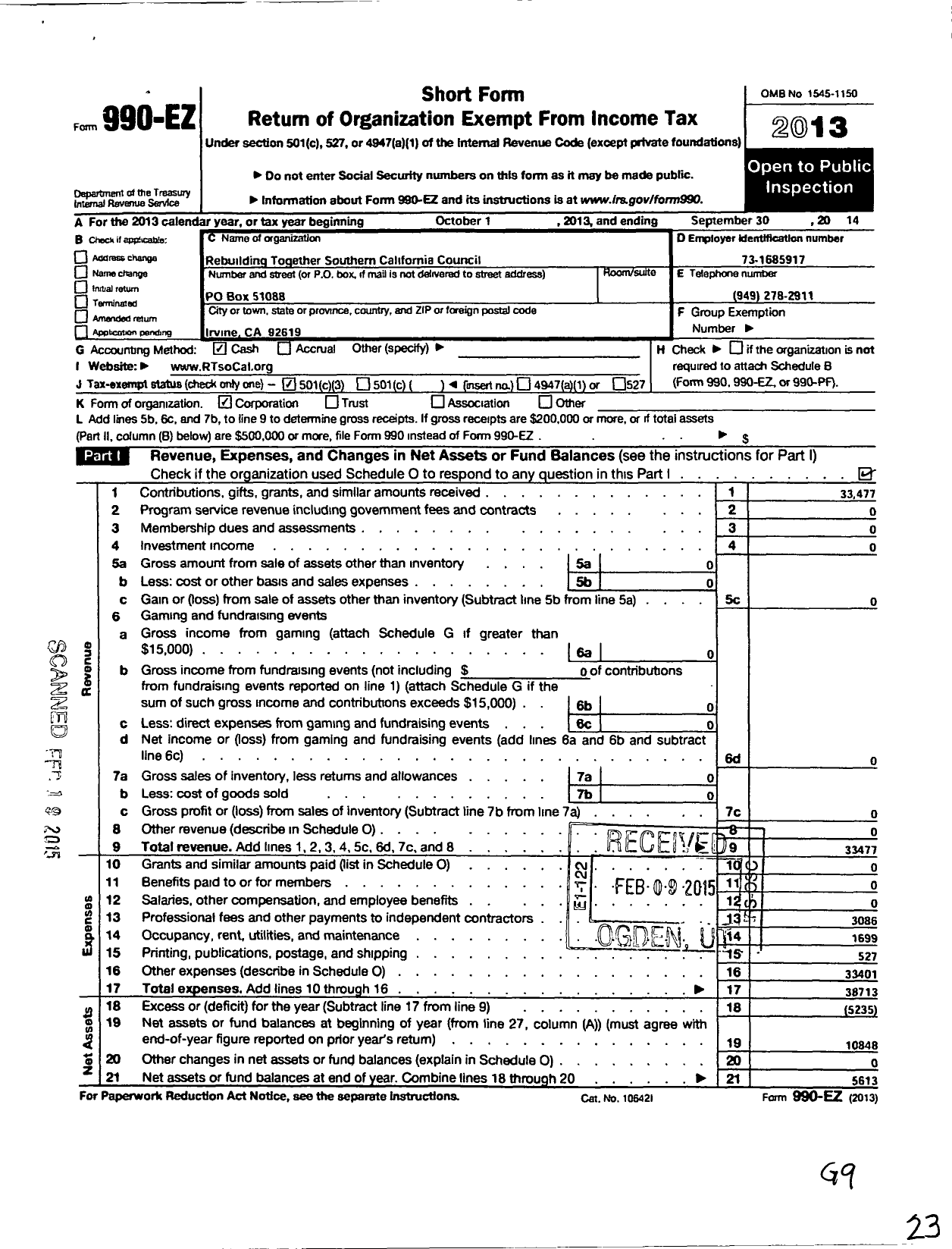 Image of first page of 2013 Form 990EZ for Rebuilding Together Southern California Council