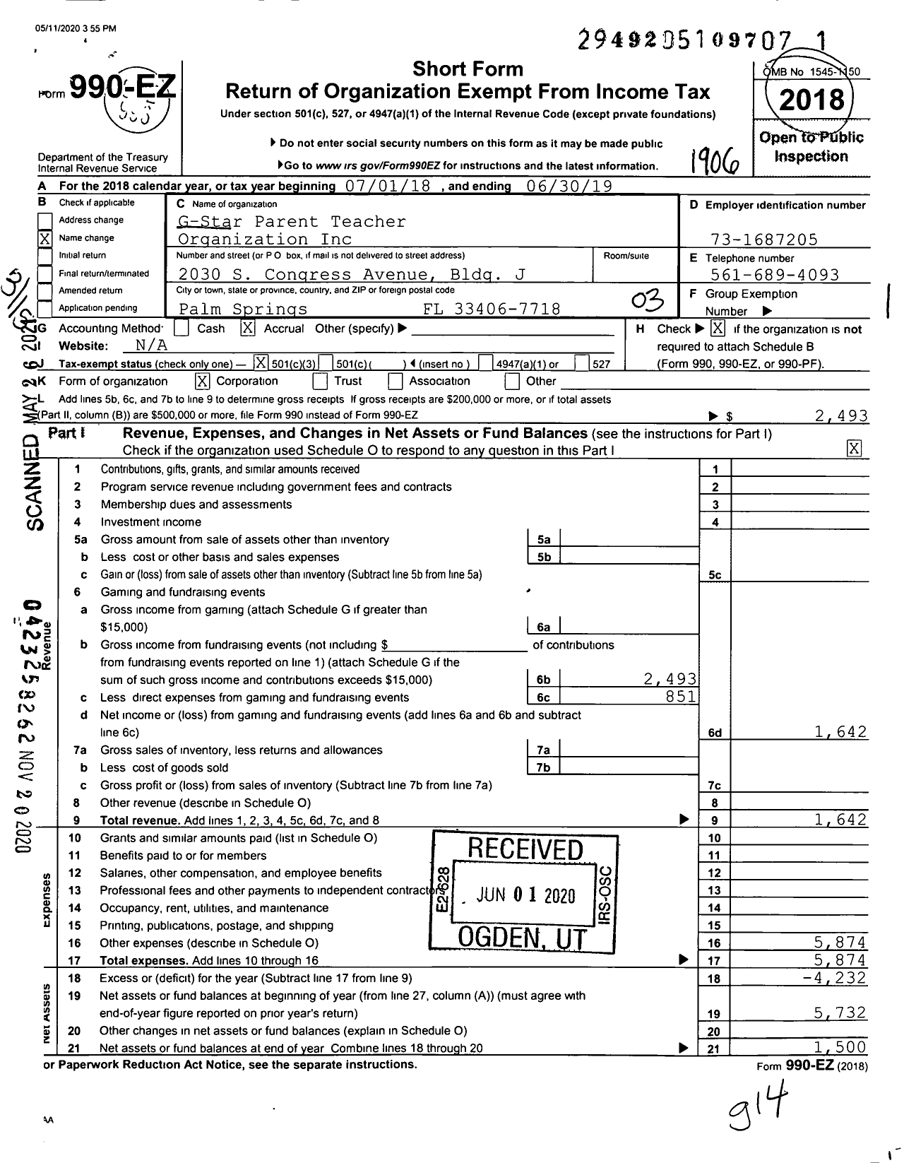 Image of first page of 2018 Form 990EZ for G-Star Parent Teacher Organization