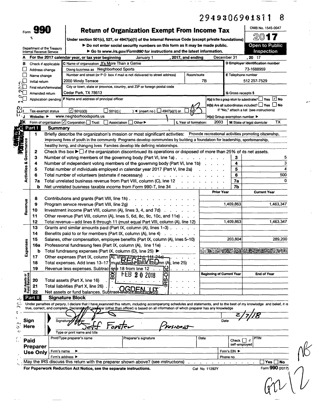 Image of first page of 2017 Form 990 for Neighborhood Sports