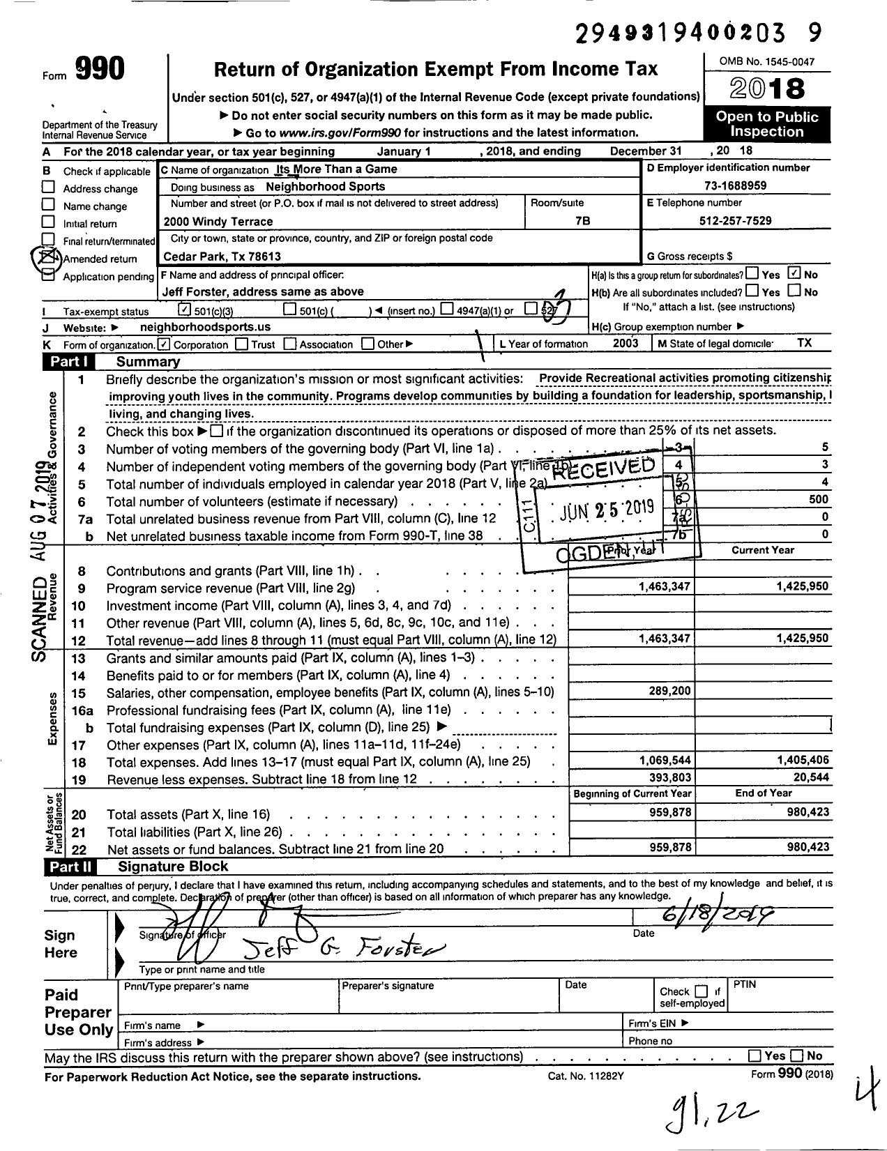 Image of first page of 2018 Form 990 for Neighborhood Sports