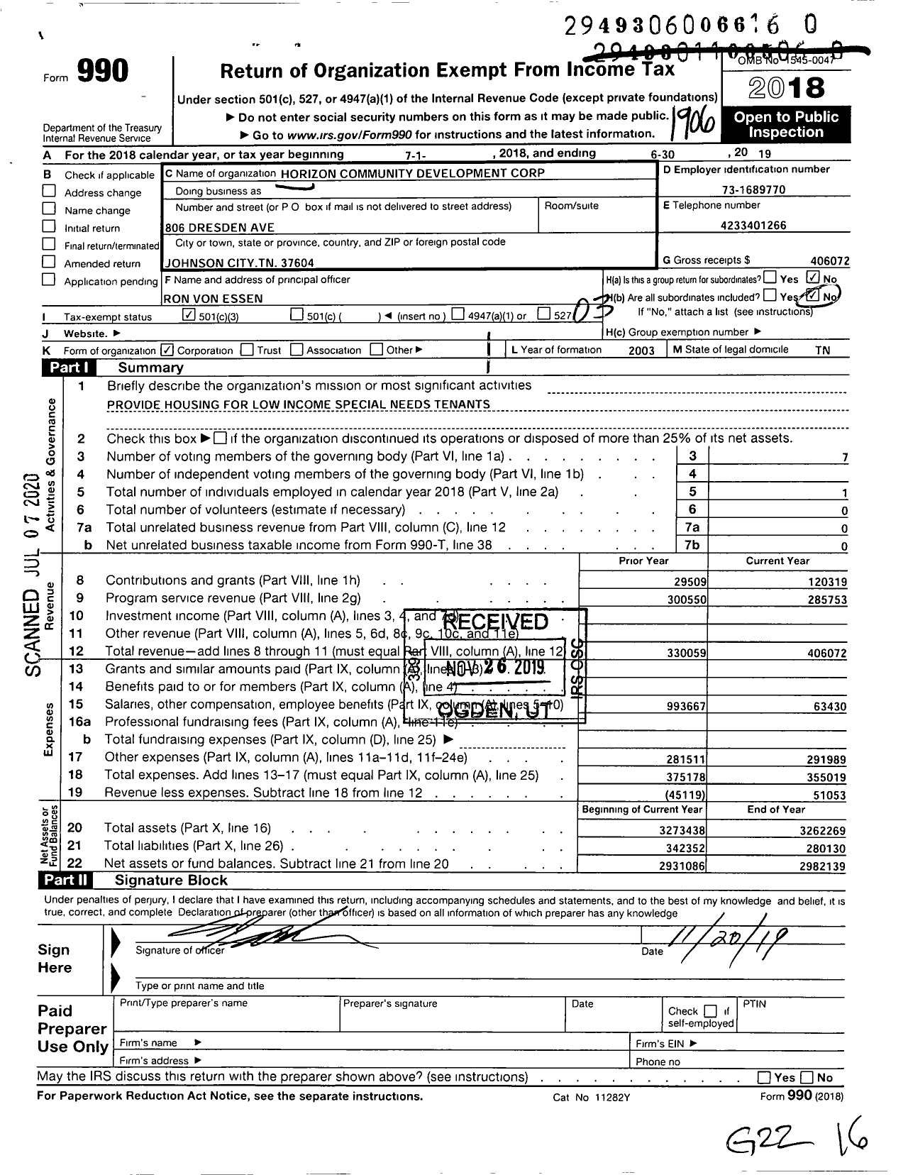 Image of first page of 2018 Form 990 for Horizon Community Development Corporation