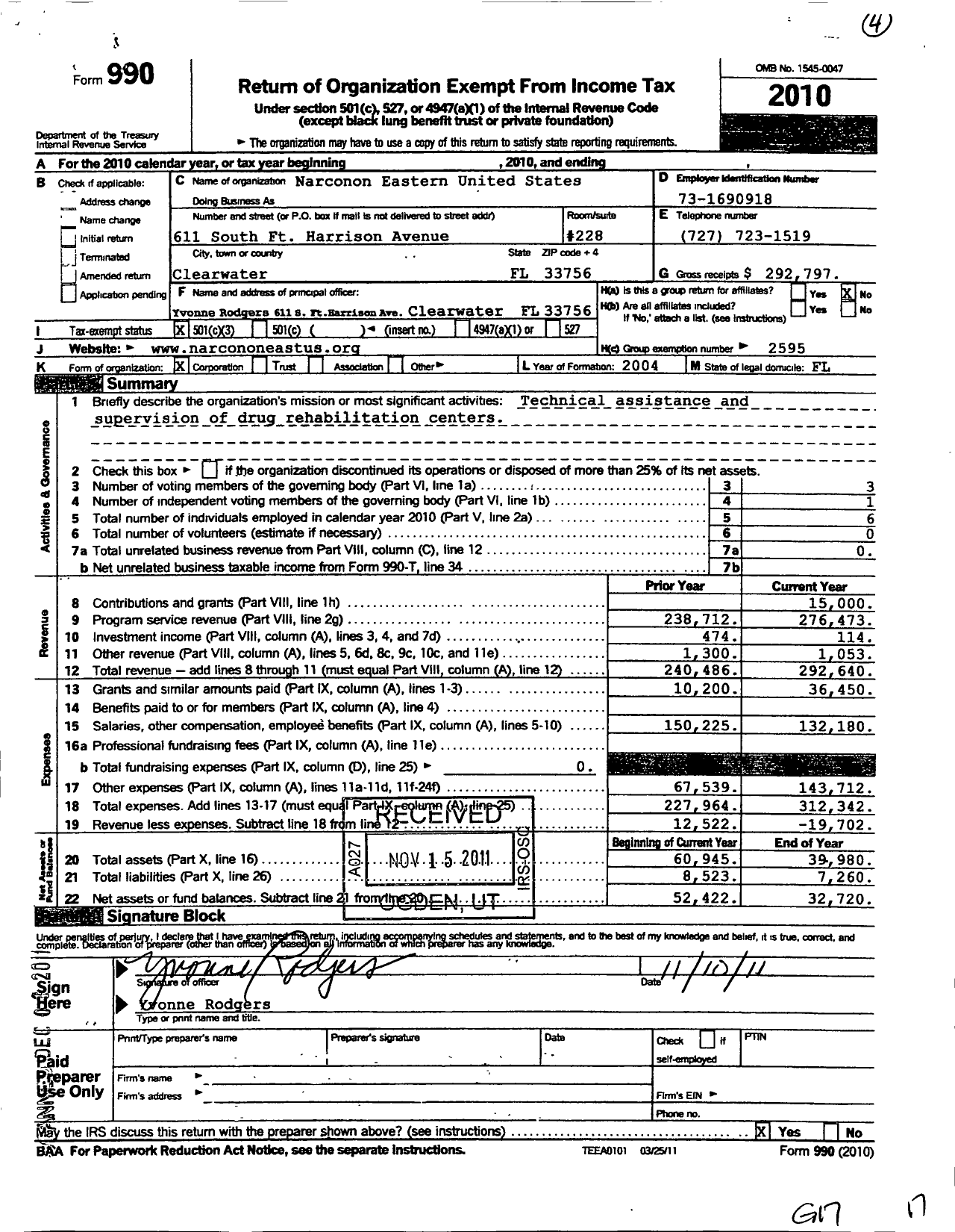 Image of first page of 2010 Form 990 for Narconon International / Narconon Eastern United States