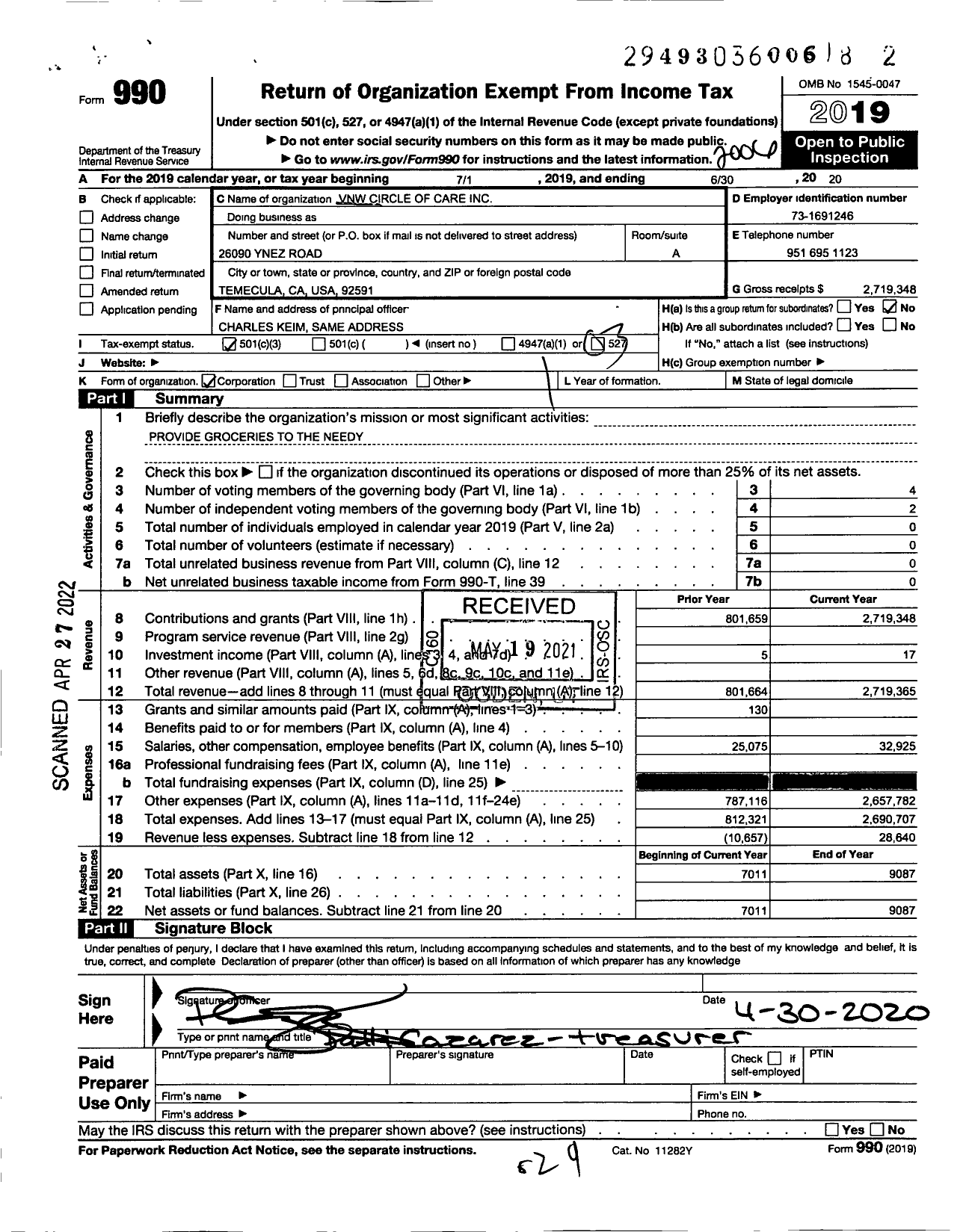 Image of first page of 2019 Form 990 for VNW Circle of Care