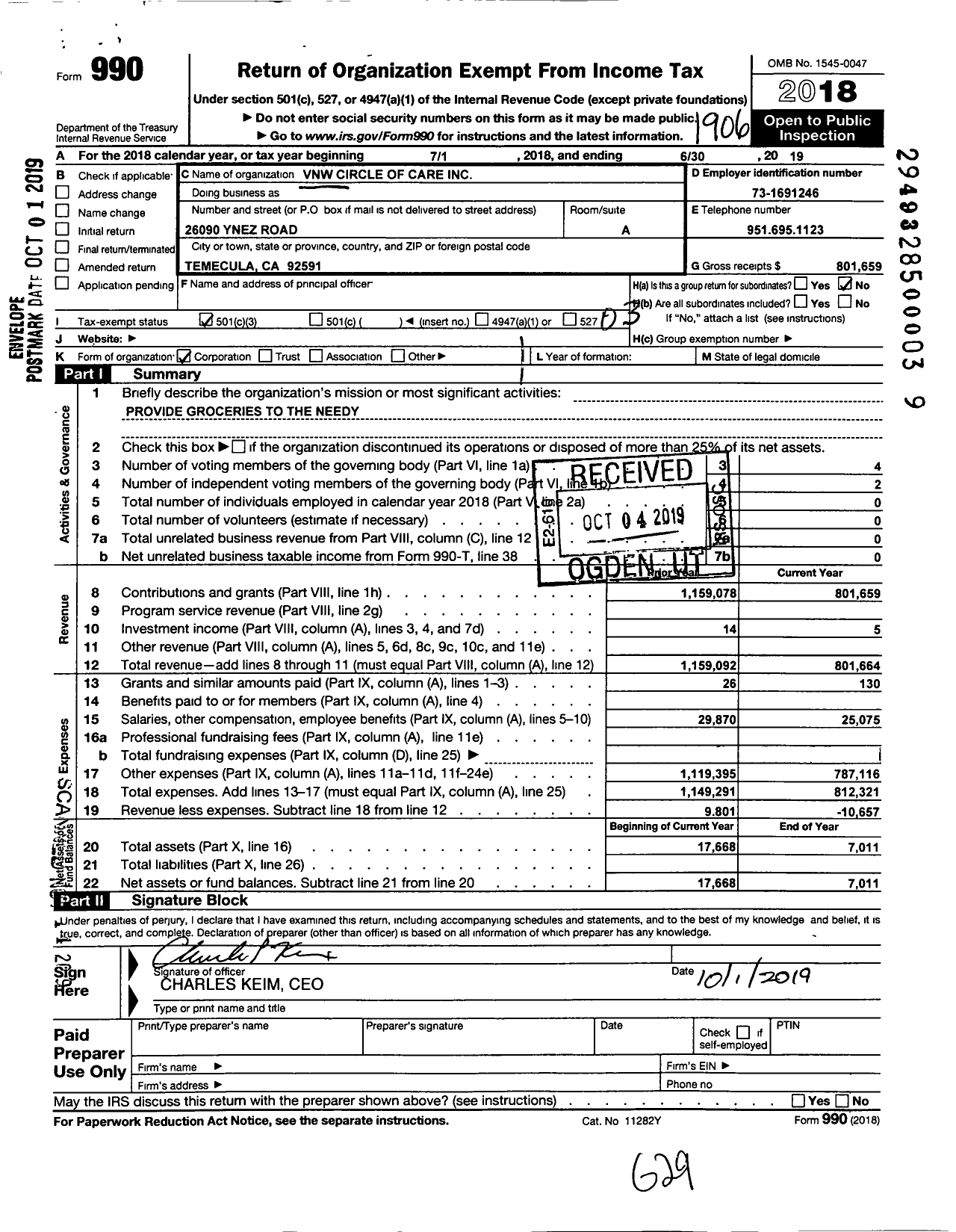 Image of first page of 2018 Form 990 for VNW Circle of Care