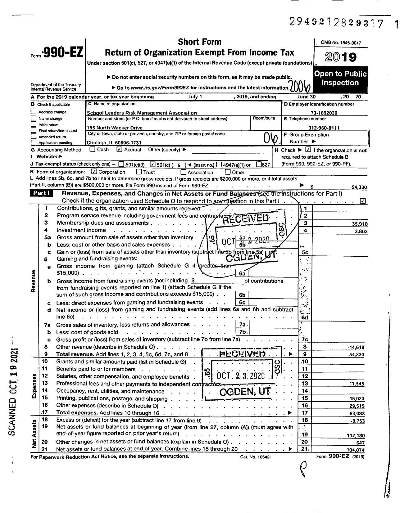 Image of first page of 2019 Form 990EO for School Leaders Risk Management Association