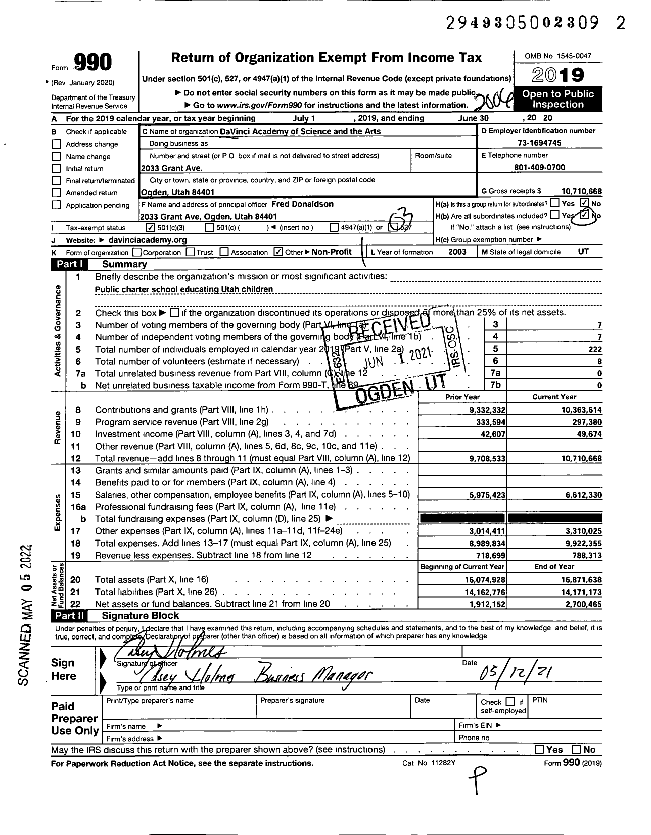 Image of first page of 2019 Form 990 for DaVinci Academy of Science and the Arts