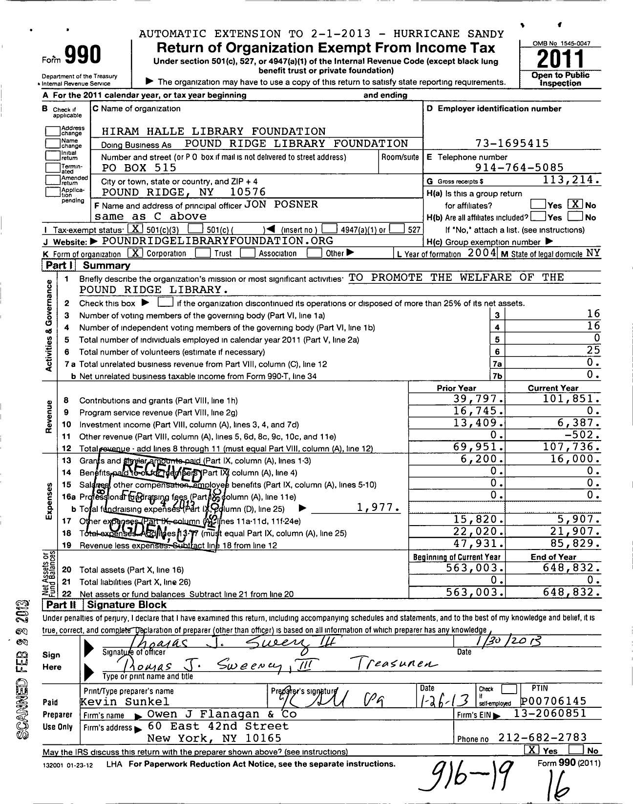 Image of first page of 2011 Form 990 for Hiram Halle Library Foundation