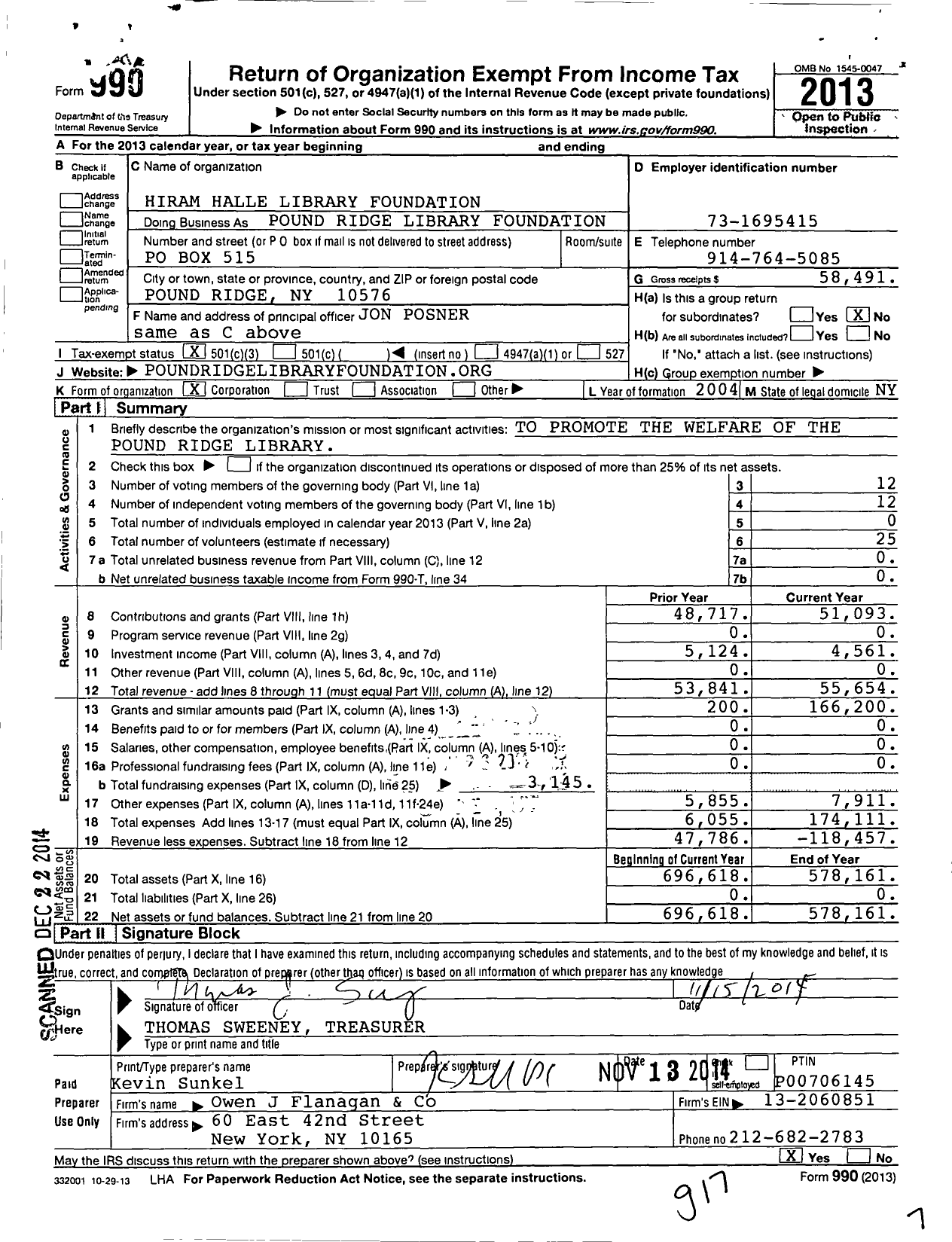 Image of first page of 2013 Form 990 for Hiram Halle Library Foundation