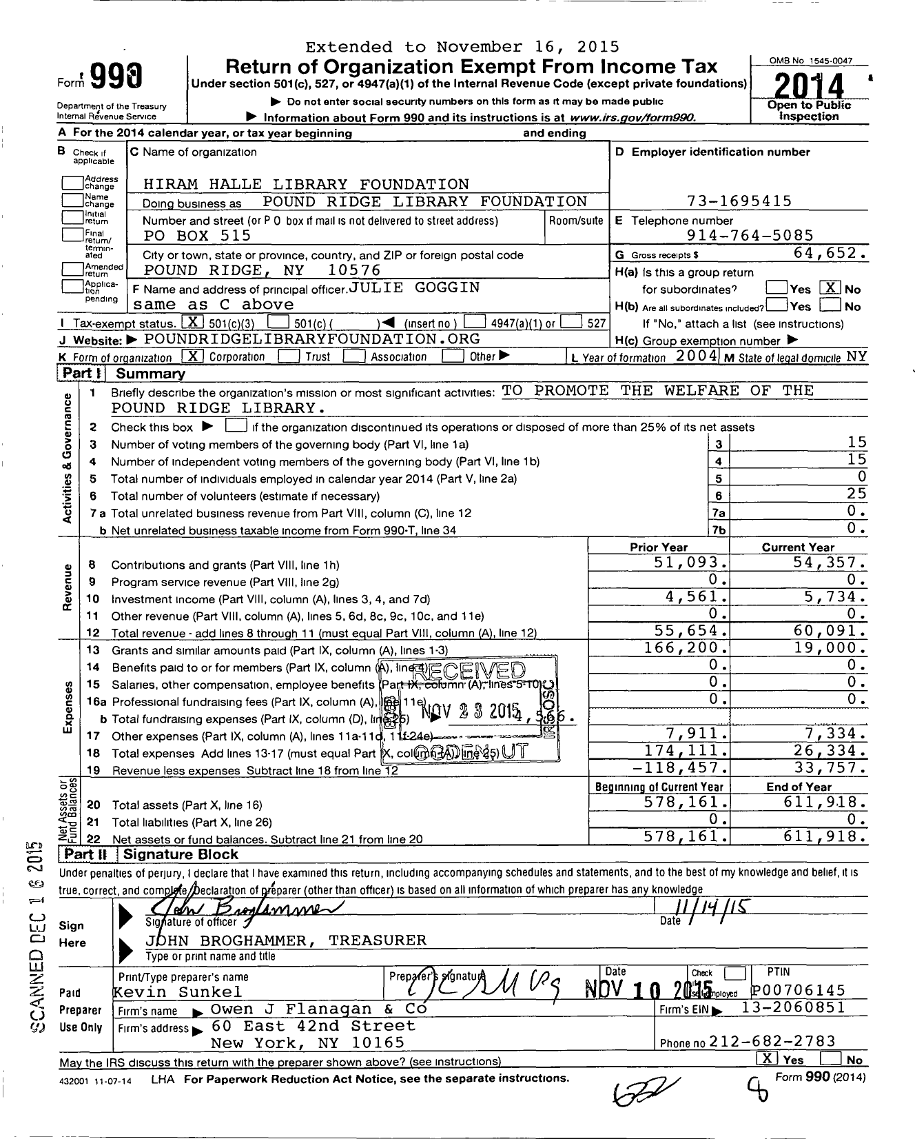 Image of first page of 2014 Form 990 for Hiram Halle Library Foundation