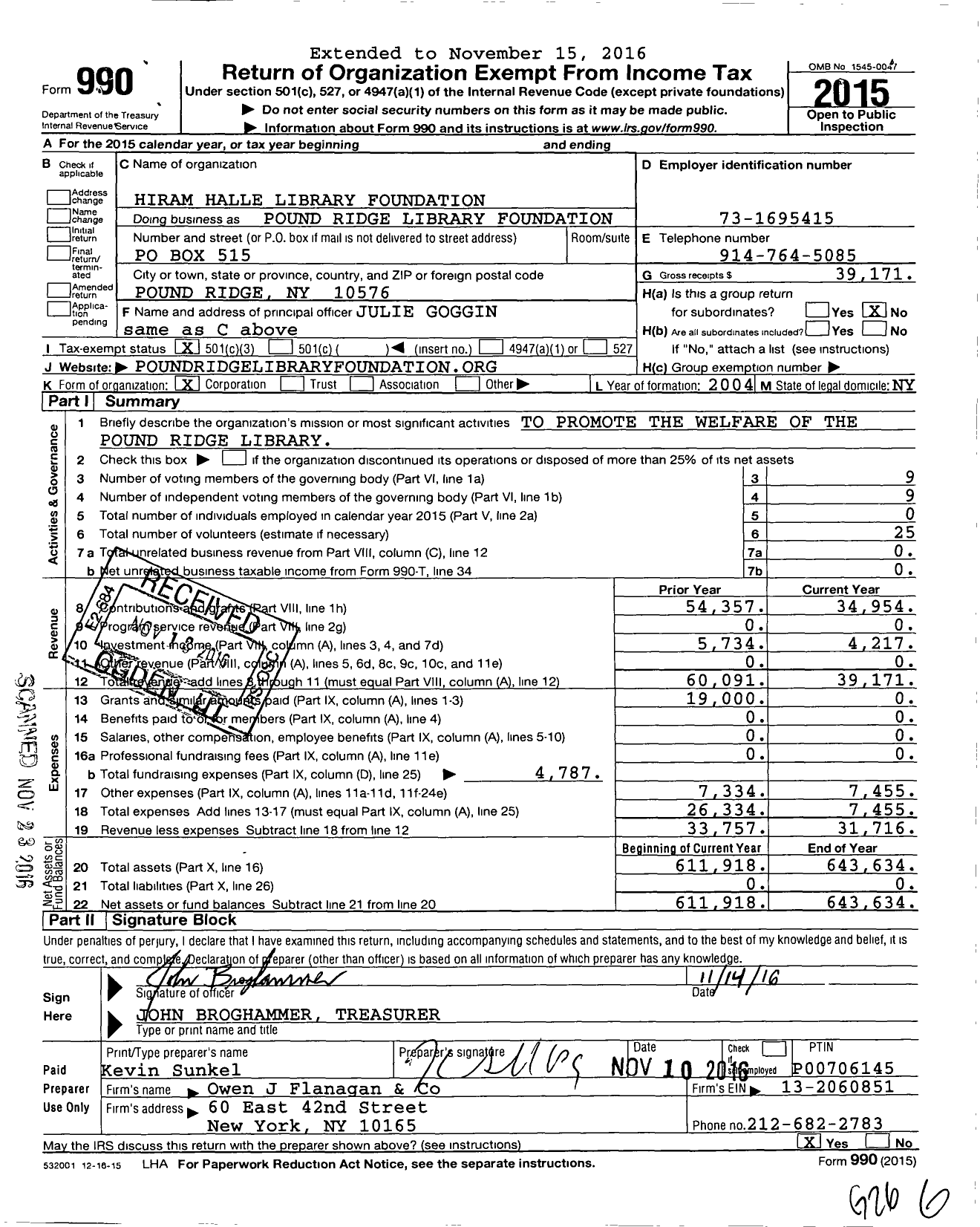 Image of first page of 2015 Form 990 for Hiram Halle Library Foundation