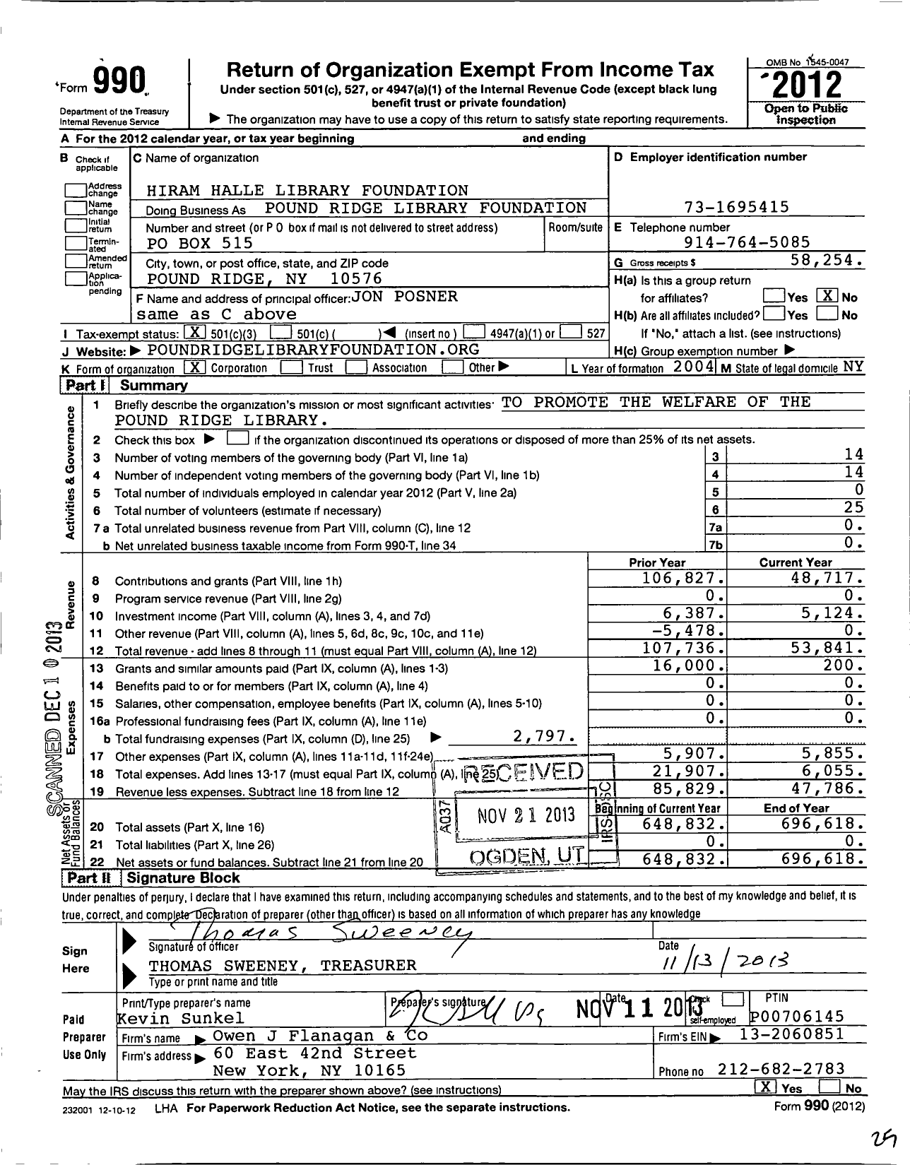 Image of first page of 2012 Form 990 for Hiram Halle Library Foundation