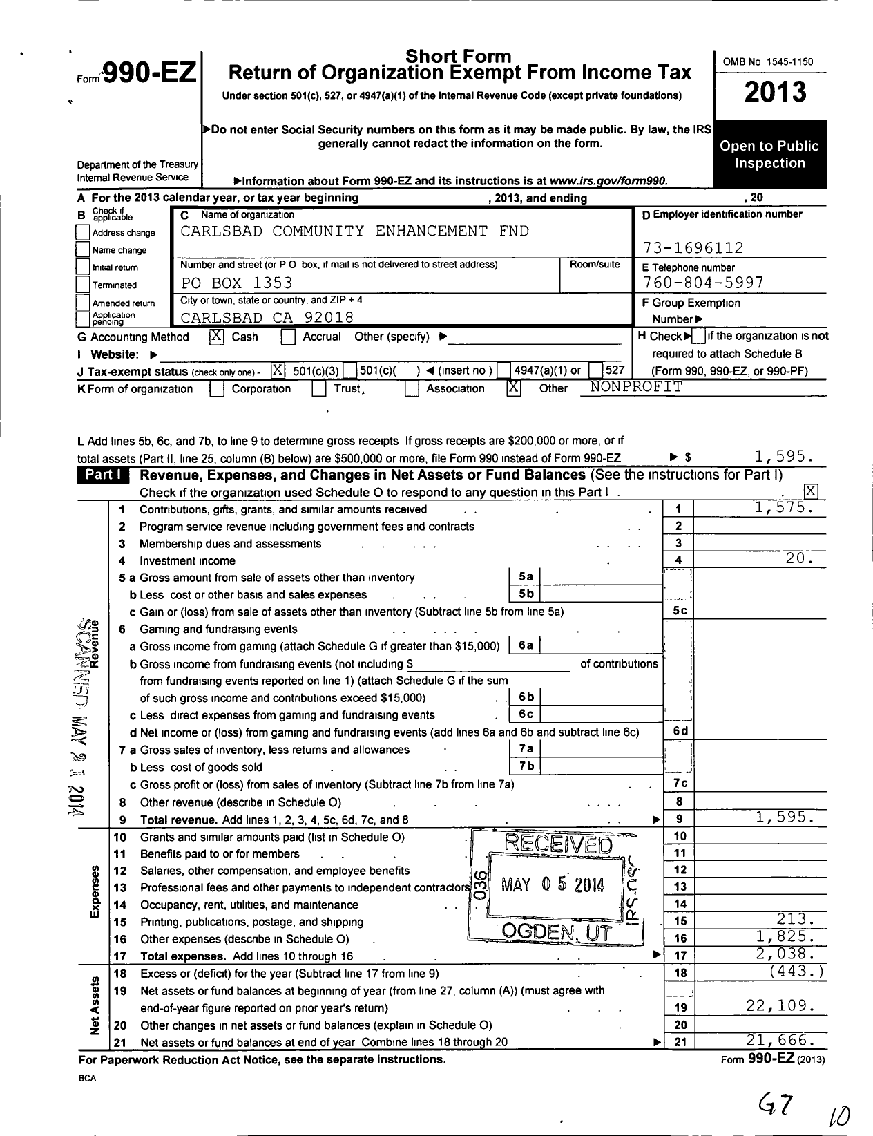 Image of first page of 2013 Form 990EZ for Carlsbad Community Enhancement Foundation