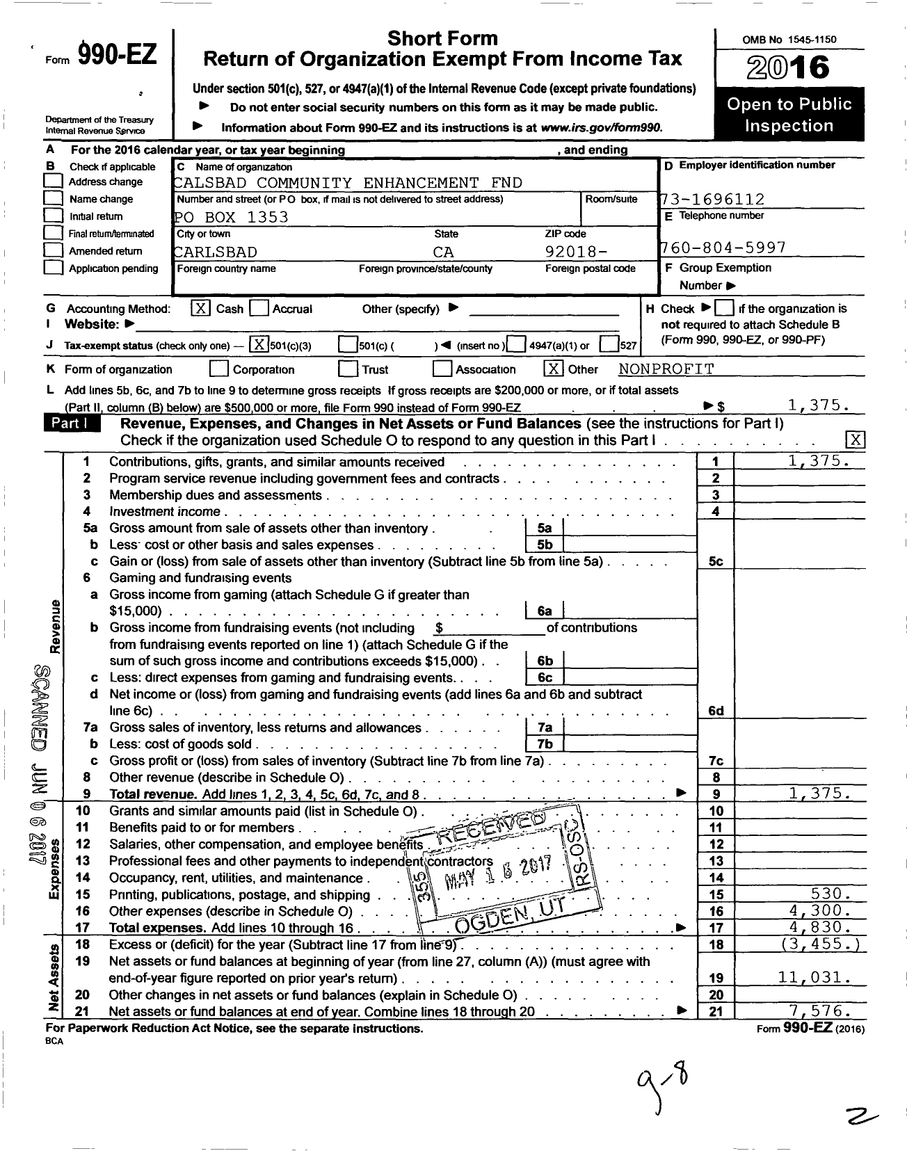 Image of first page of 2016 Form 990EZ for Carlsbad Community Enhancement Foundation