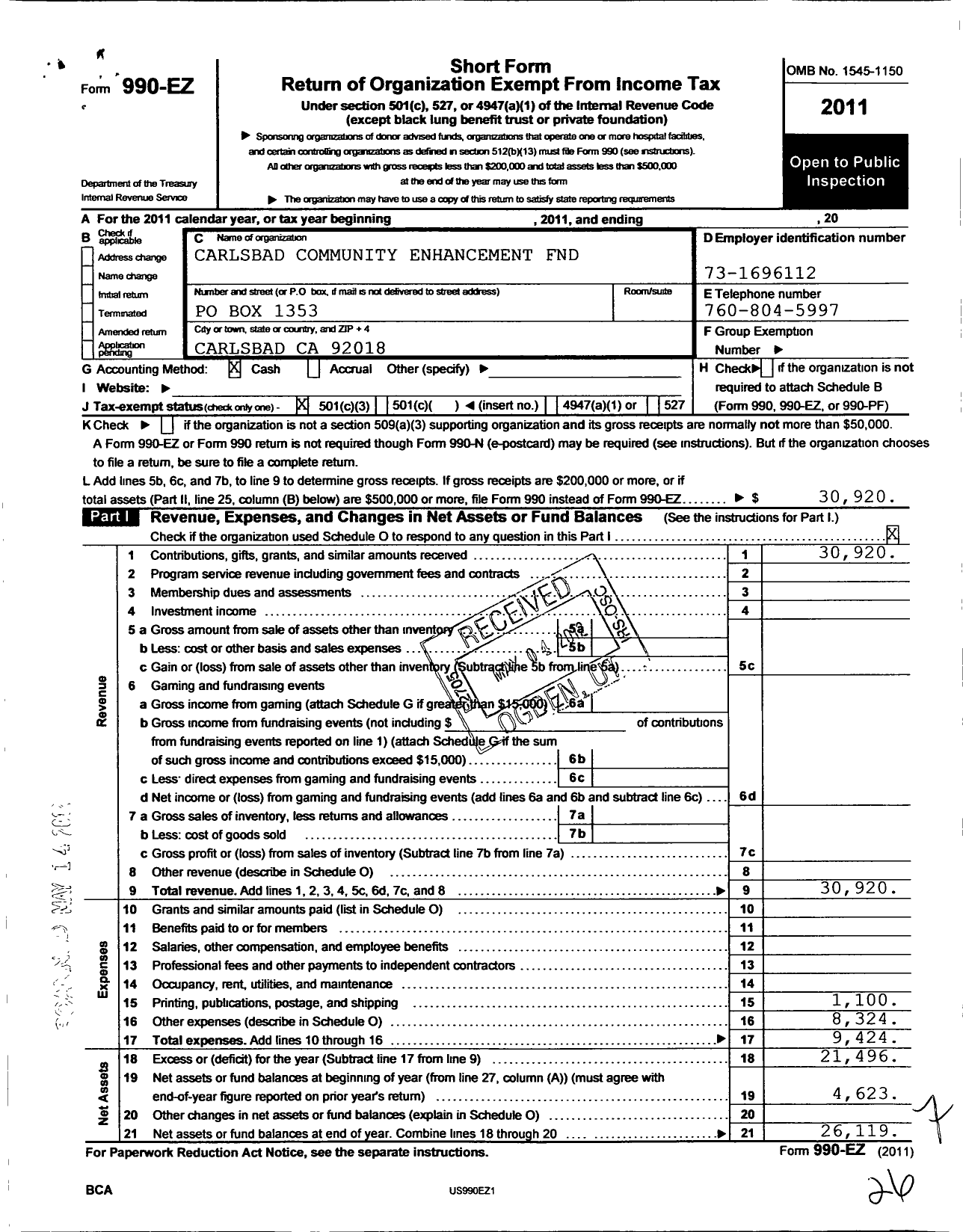 Image of first page of 2011 Form 990EZ for Carlsbad Community Enhancement Foundation