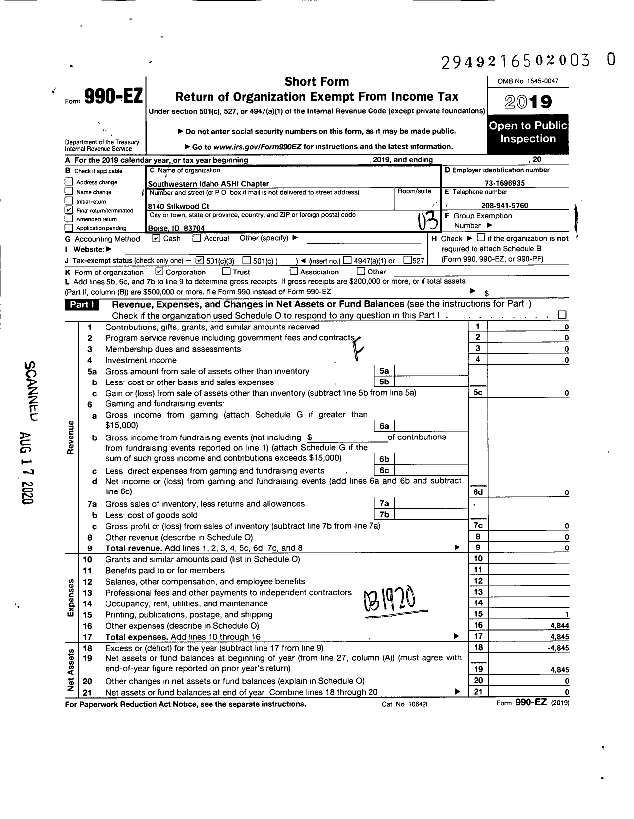 Image of first page of 2019 Form 990EZ for Southwestern Idaho Ashi Chapter