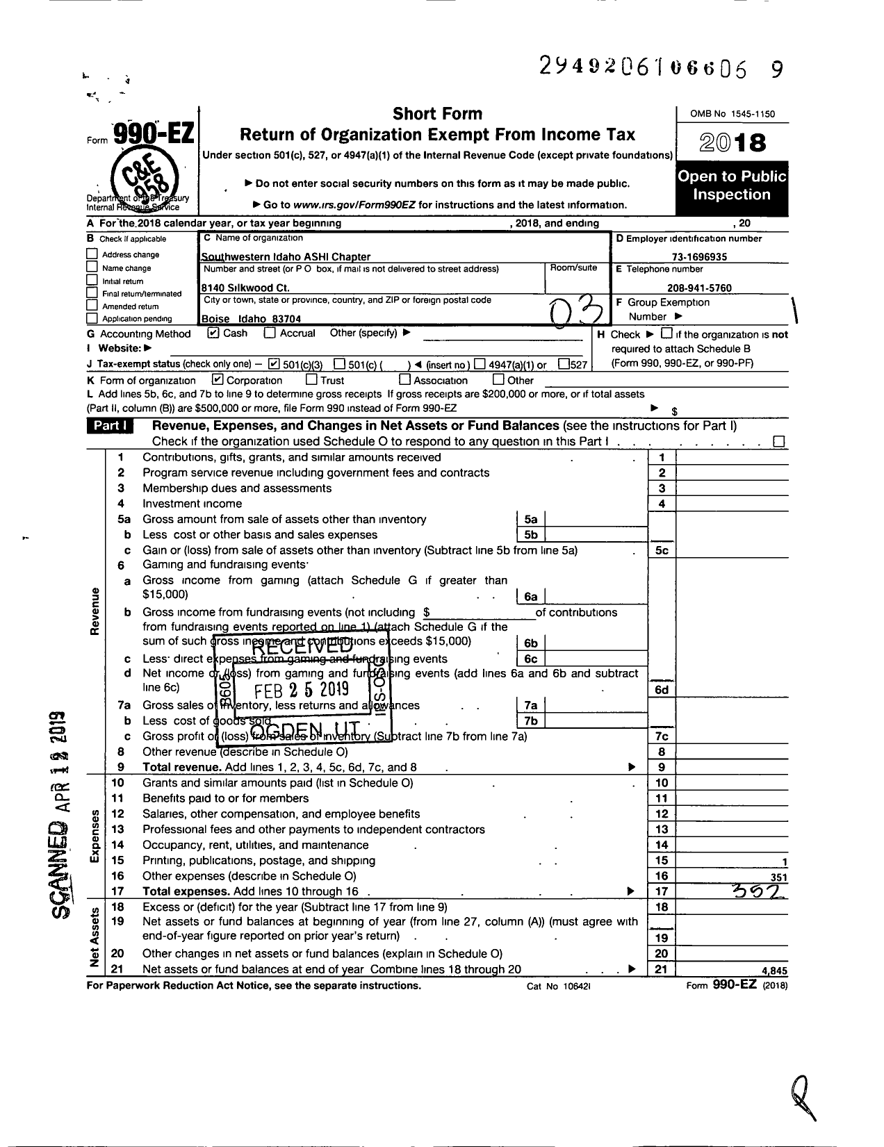 Image of first page of 2018 Form 990EZ for Southwestern Idaho Ashi Chapter