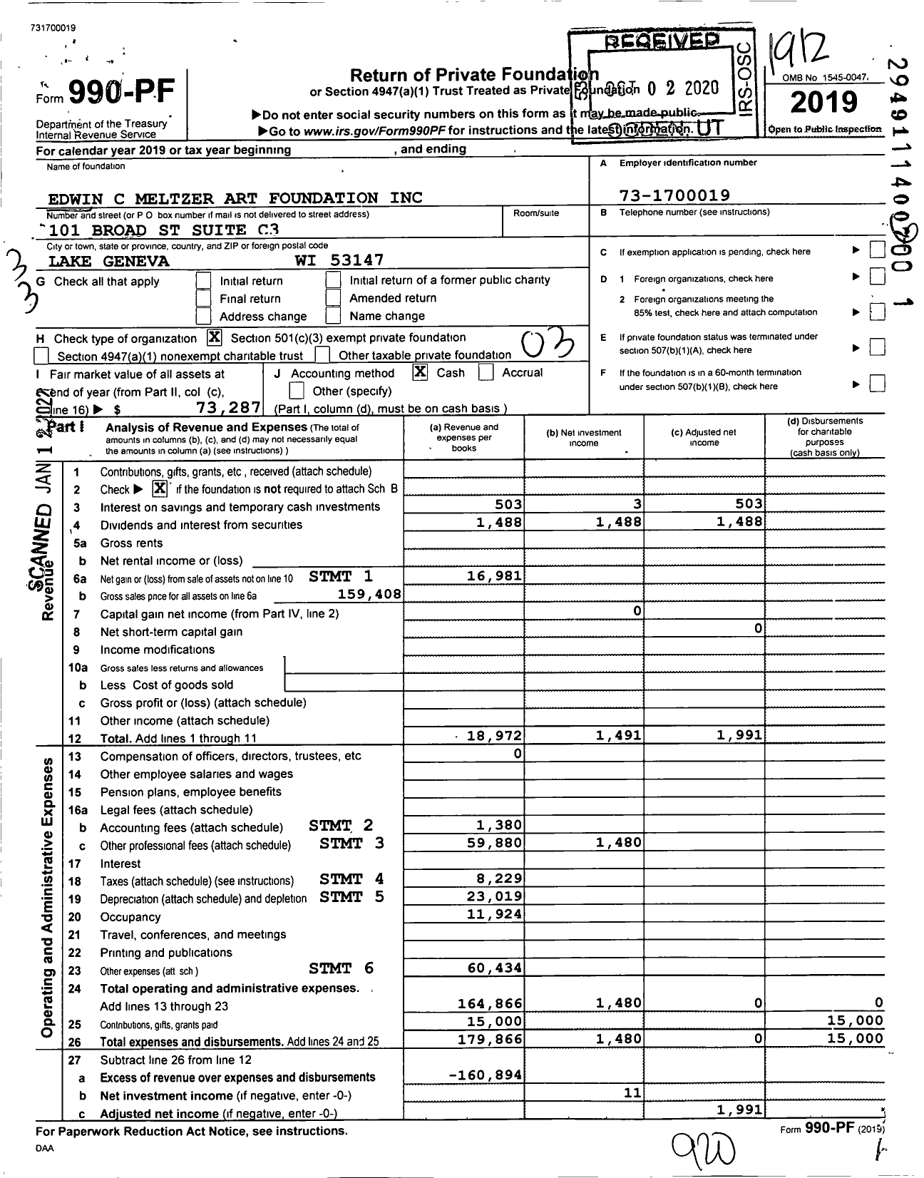 Image of first page of 2019 Form 990PF for Edwin C Meltzer Art Foundation