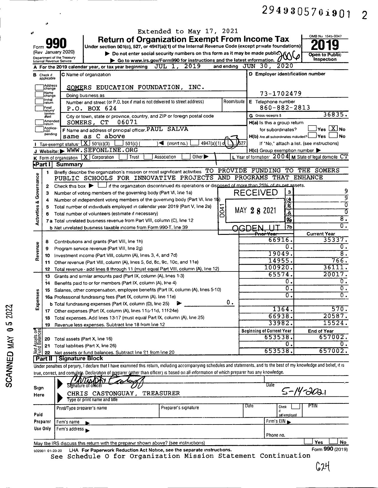 Image of first page of 2019 Form 990 for Somers Education Foundation