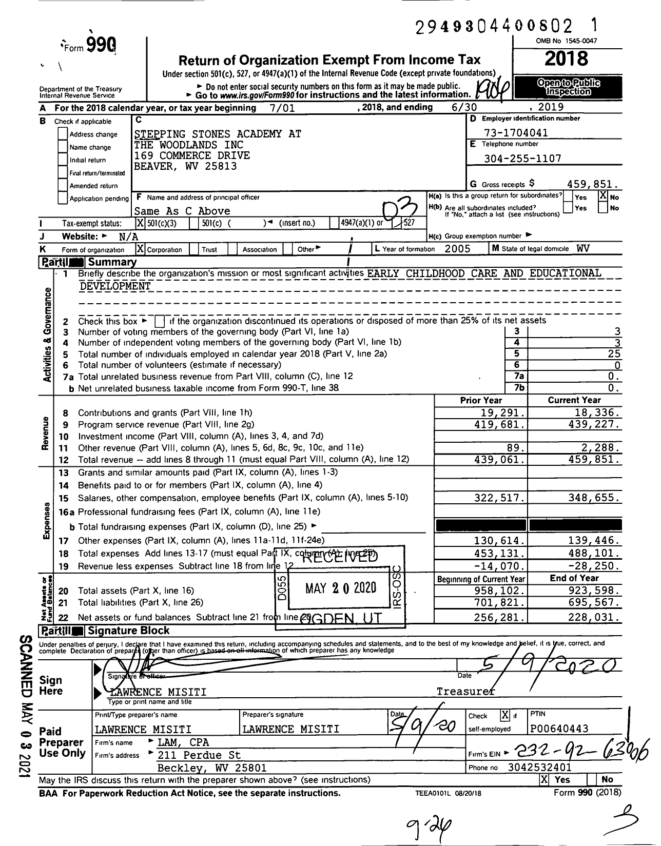 Image of first page of 2018 Form 990 for Stepping Stones Academy at the Woodlands