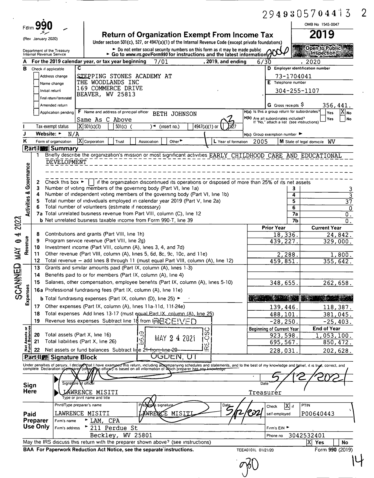 Image of first page of 2019 Form 990 for Stepping Stones Academy at the Woodlands