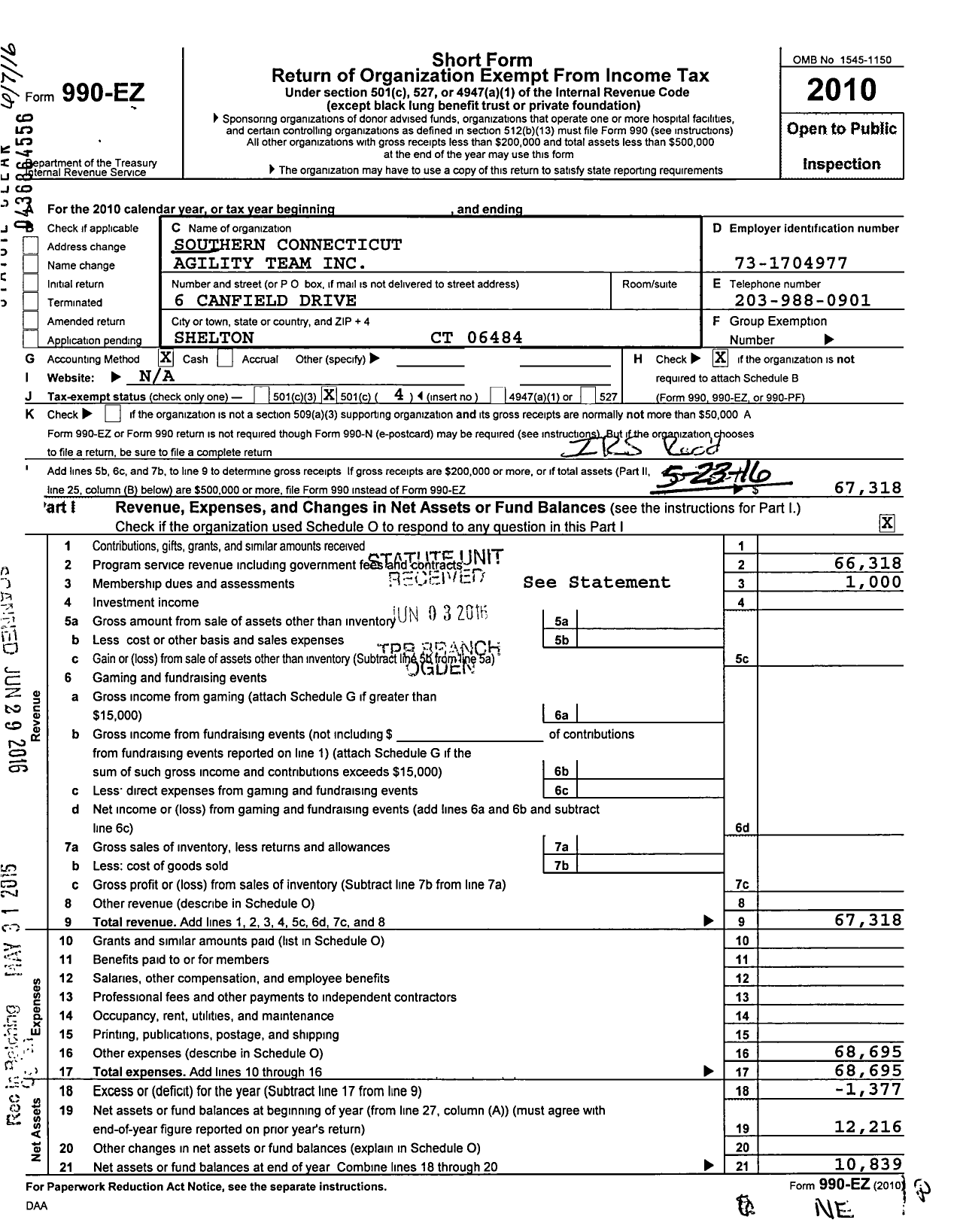 Image of first page of 2010 Form 990EO for Southern Connecticut Agility Team