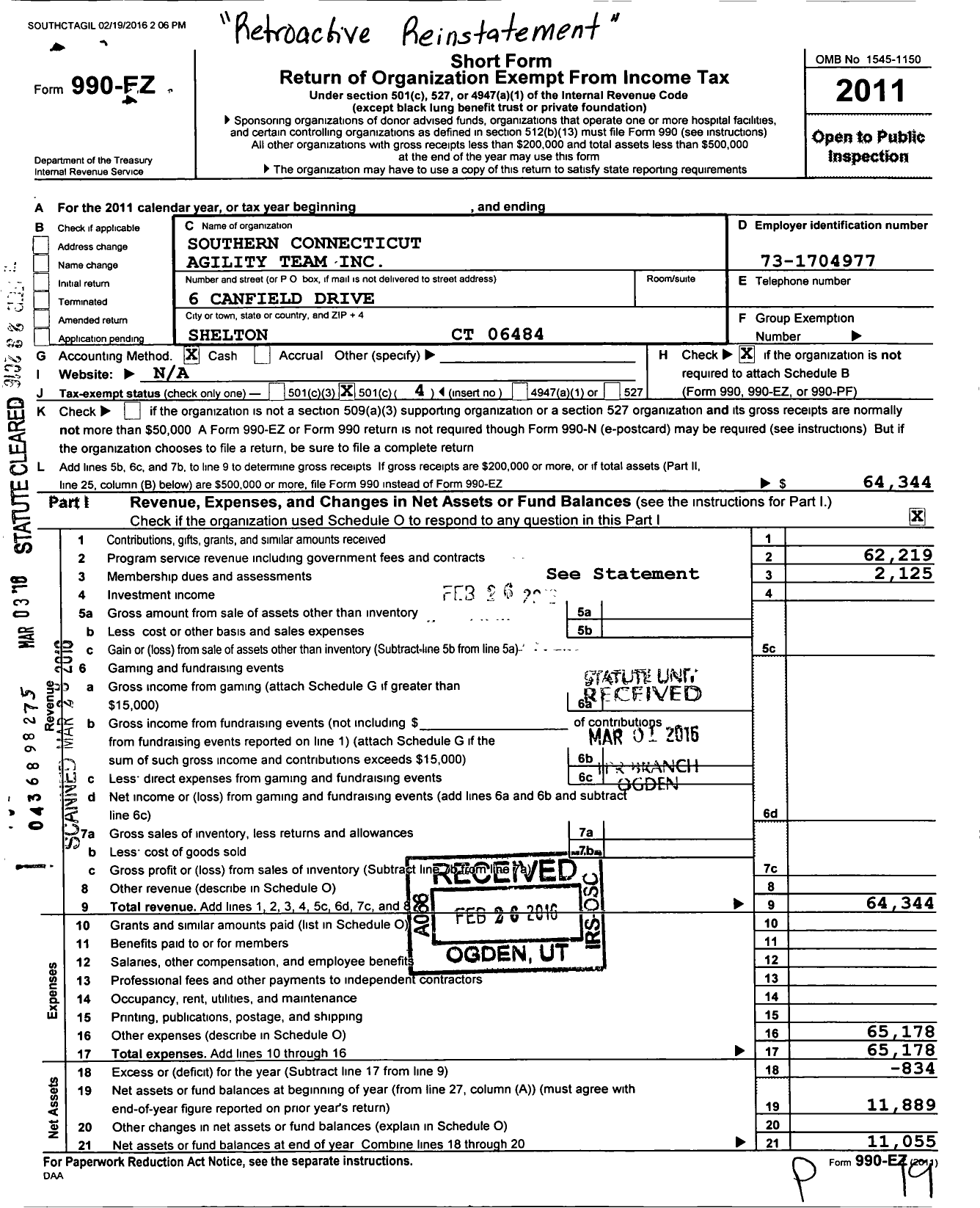 Image of first page of 2011 Form 990EO for Southern Connecticut Agility Team