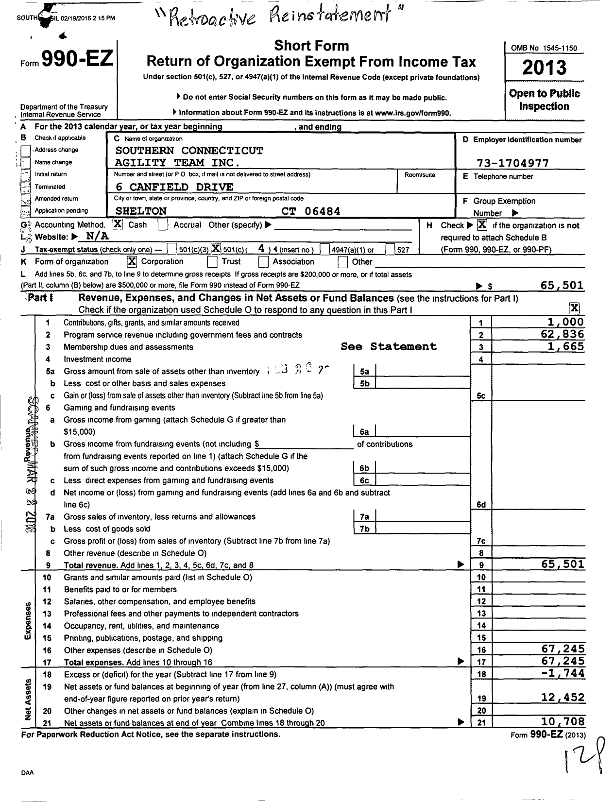 Image of first page of 2013 Form 990EO for Southern Connecticut Agility Team