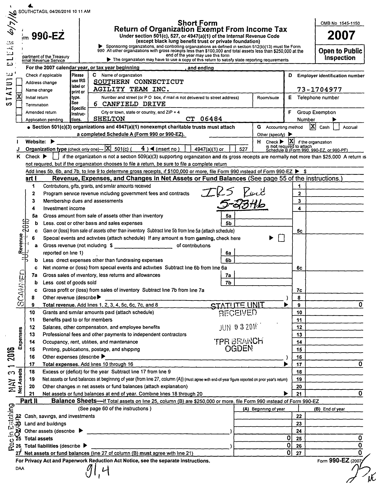 Image of first page of 2007 Form 990EO for Southern Connecticut Agility Team