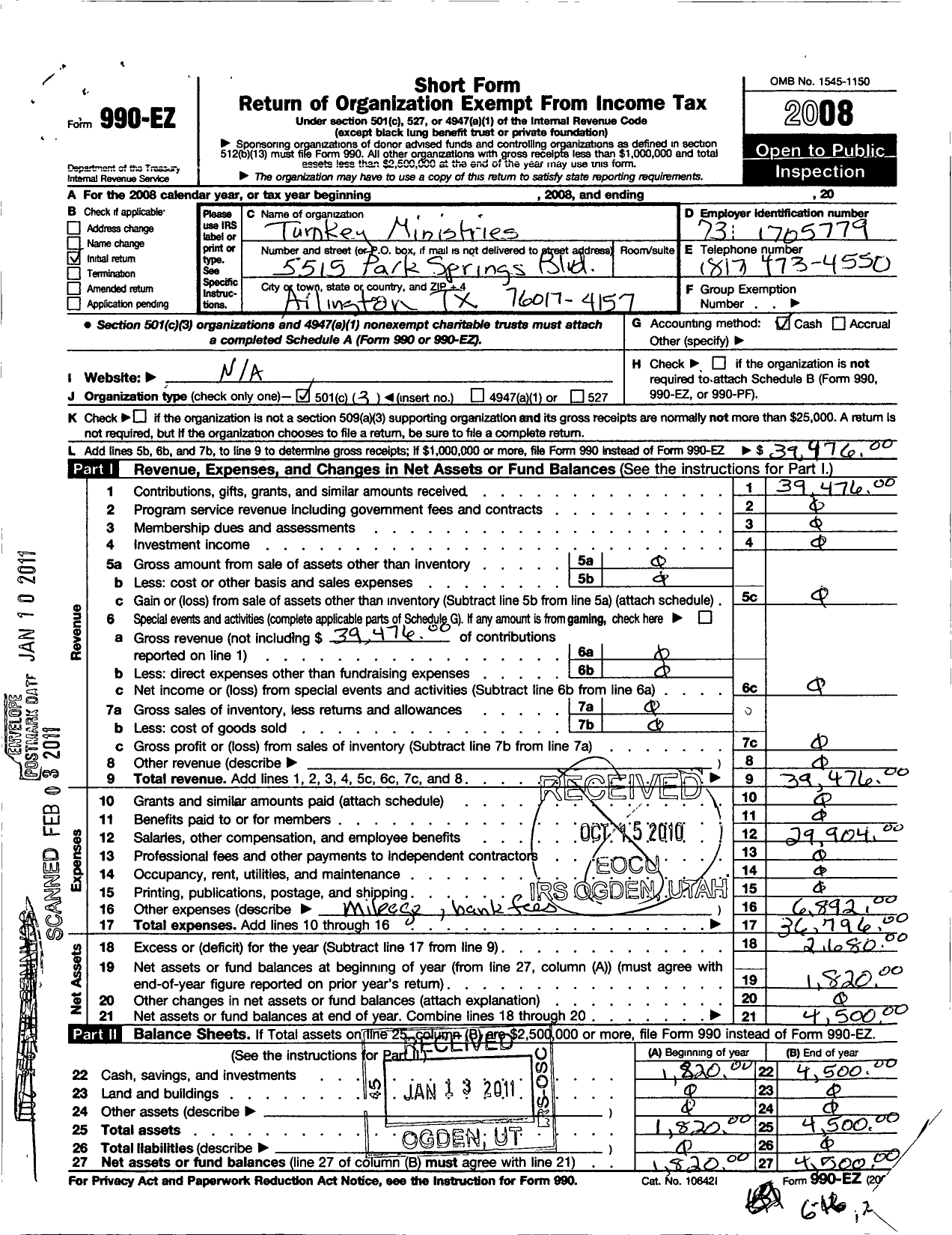 Image of first page of 2008 Form 990EZ for Turnkey Outreach