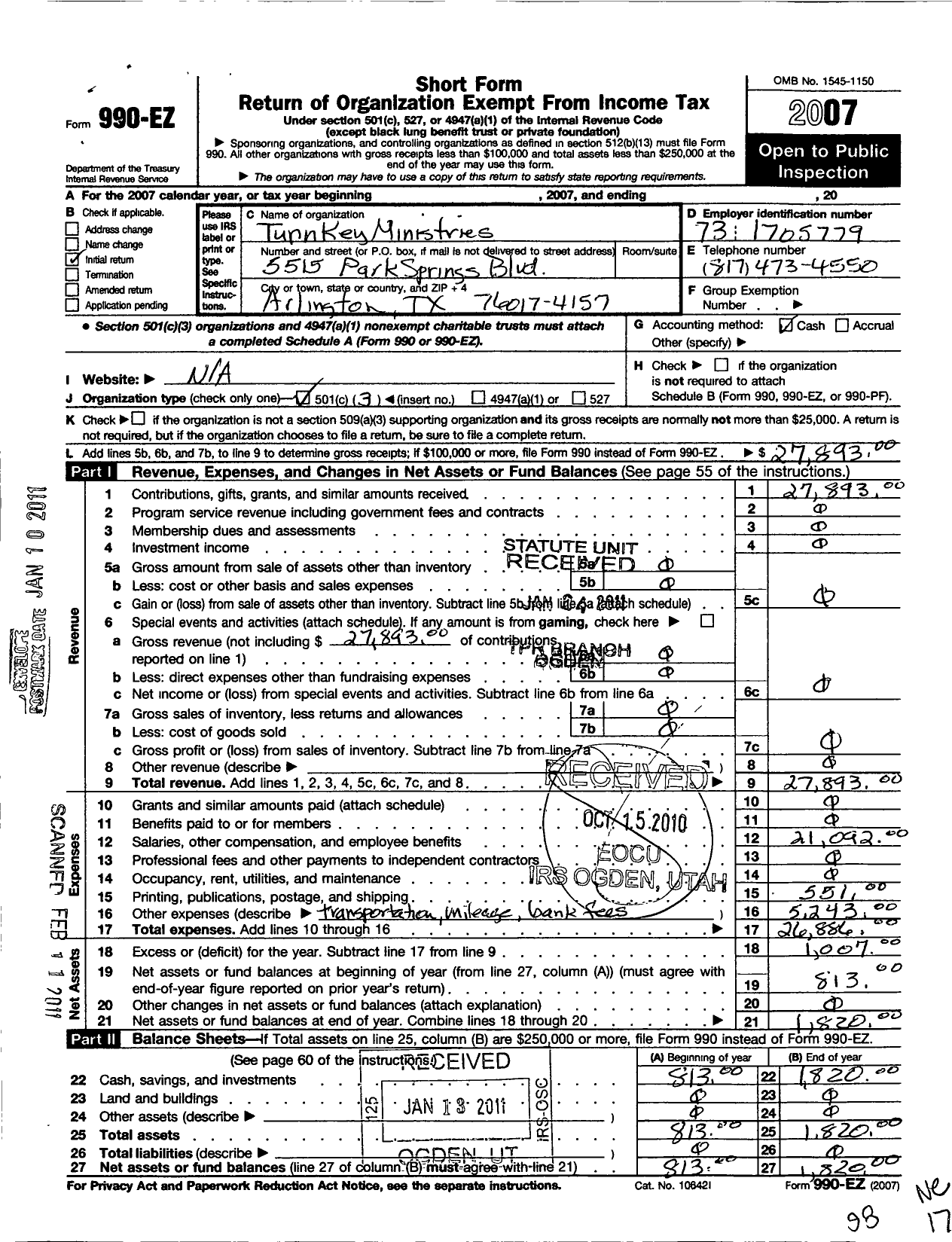 Image of first page of 2007 Form 990EZ for Turnkey Outreach