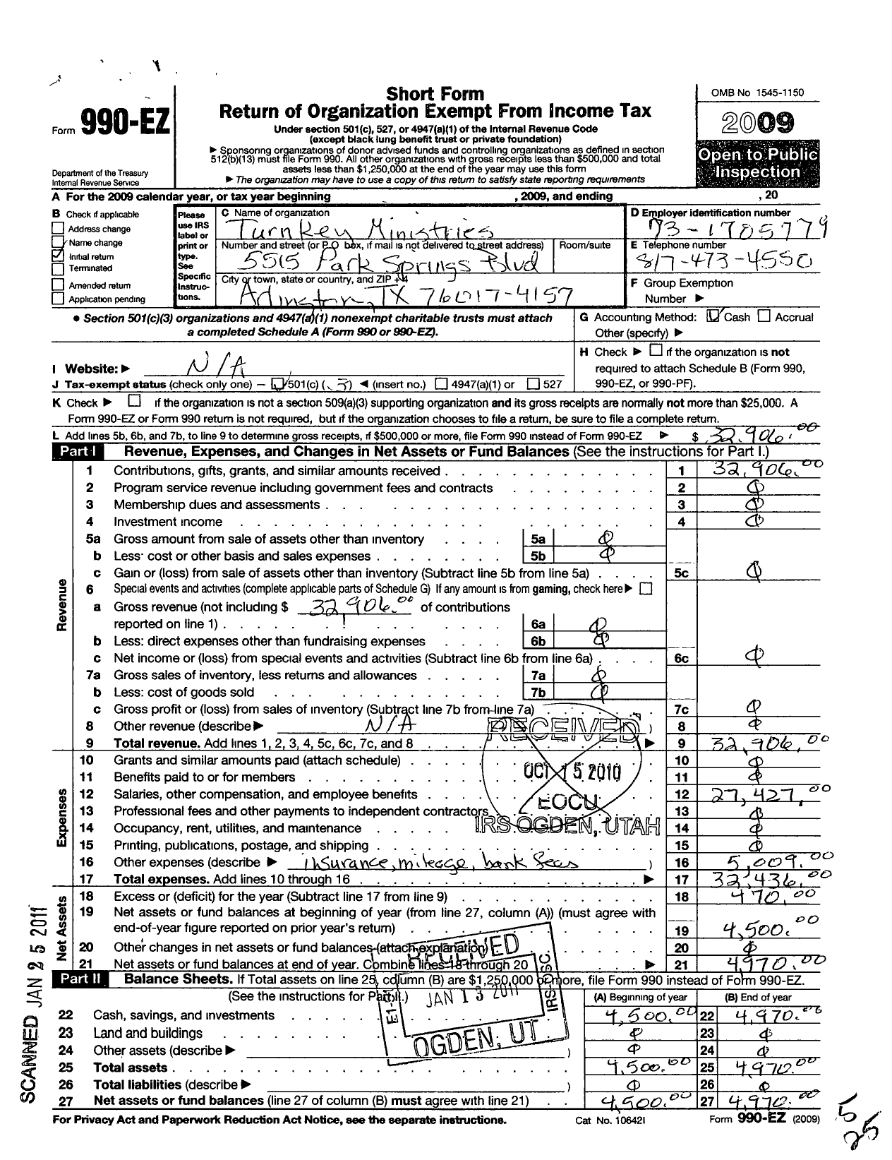 Image of first page of 2009 Form 990EZ for Turnkey Outreach