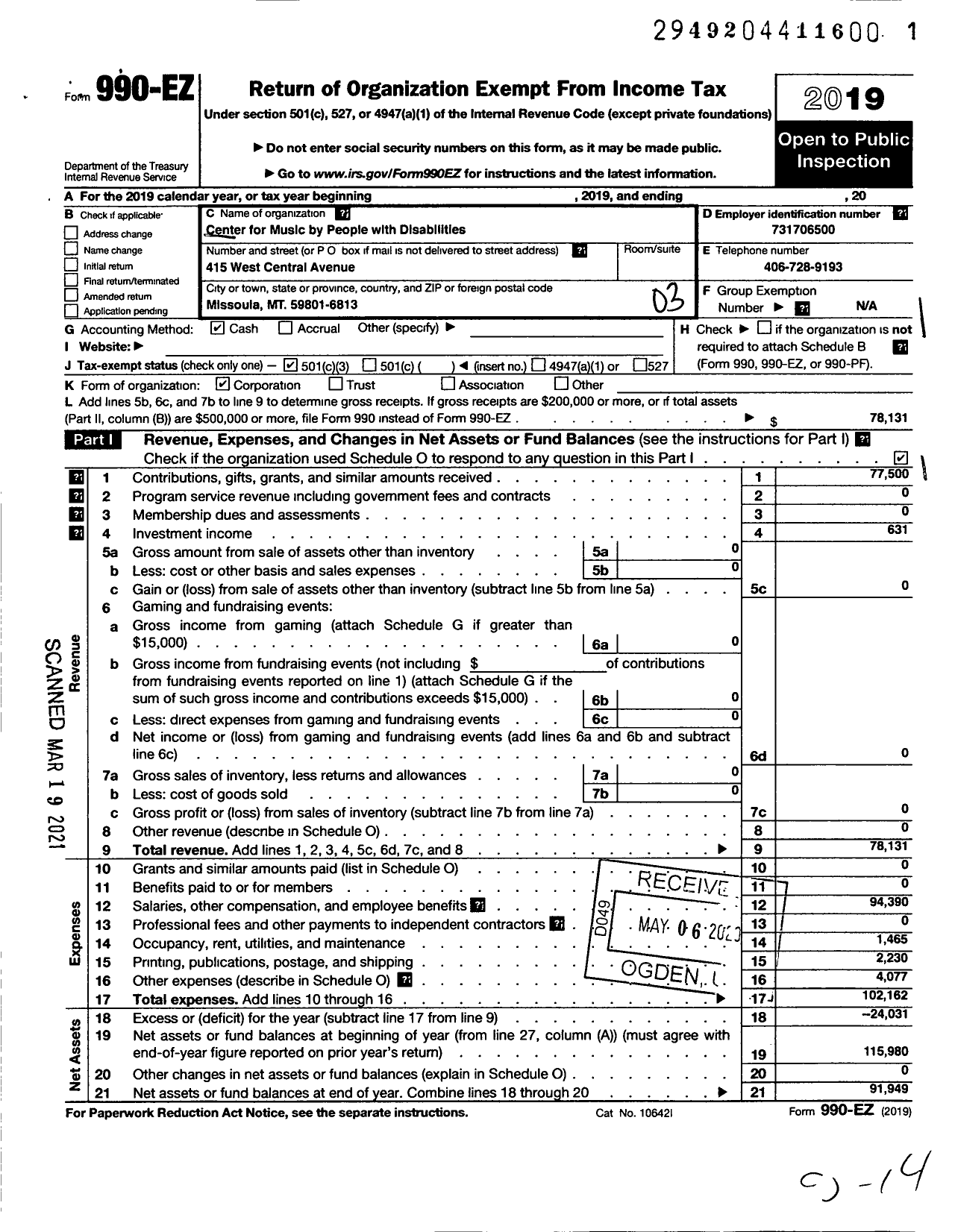 Image of first page of 2019 Form 990EZ for Center for Music By People with Disabilities