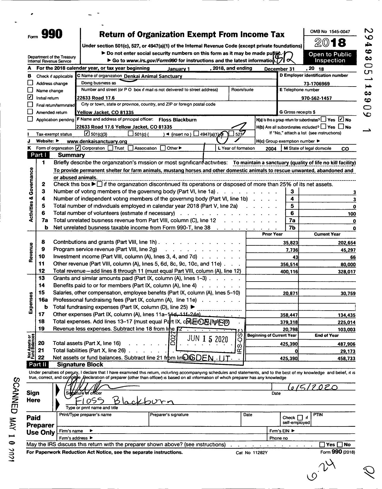 Image of first page of 2018 Form 990 for Denkai Animal Sanctuary