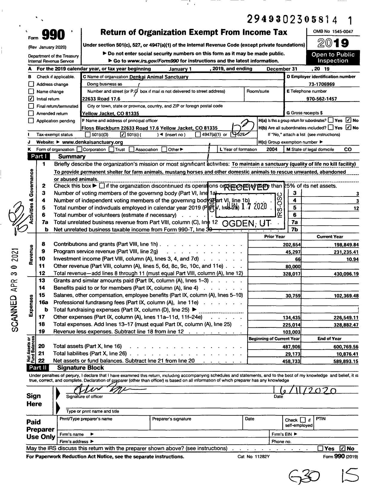 Image of first page of 2019 Form 990 for Denkai Animal Sanctuary